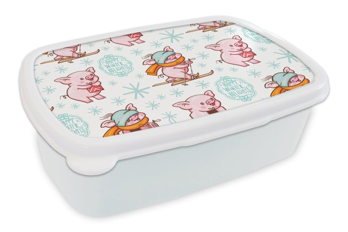 MuchoWow Lunchbox Winter - Schweine - Schnee - Muster - Skifahren, Kunststoff, (2-tlg), Brotbox für Kinder und Erwachsene, Brotdose, für Jungs und Mädchen weiß