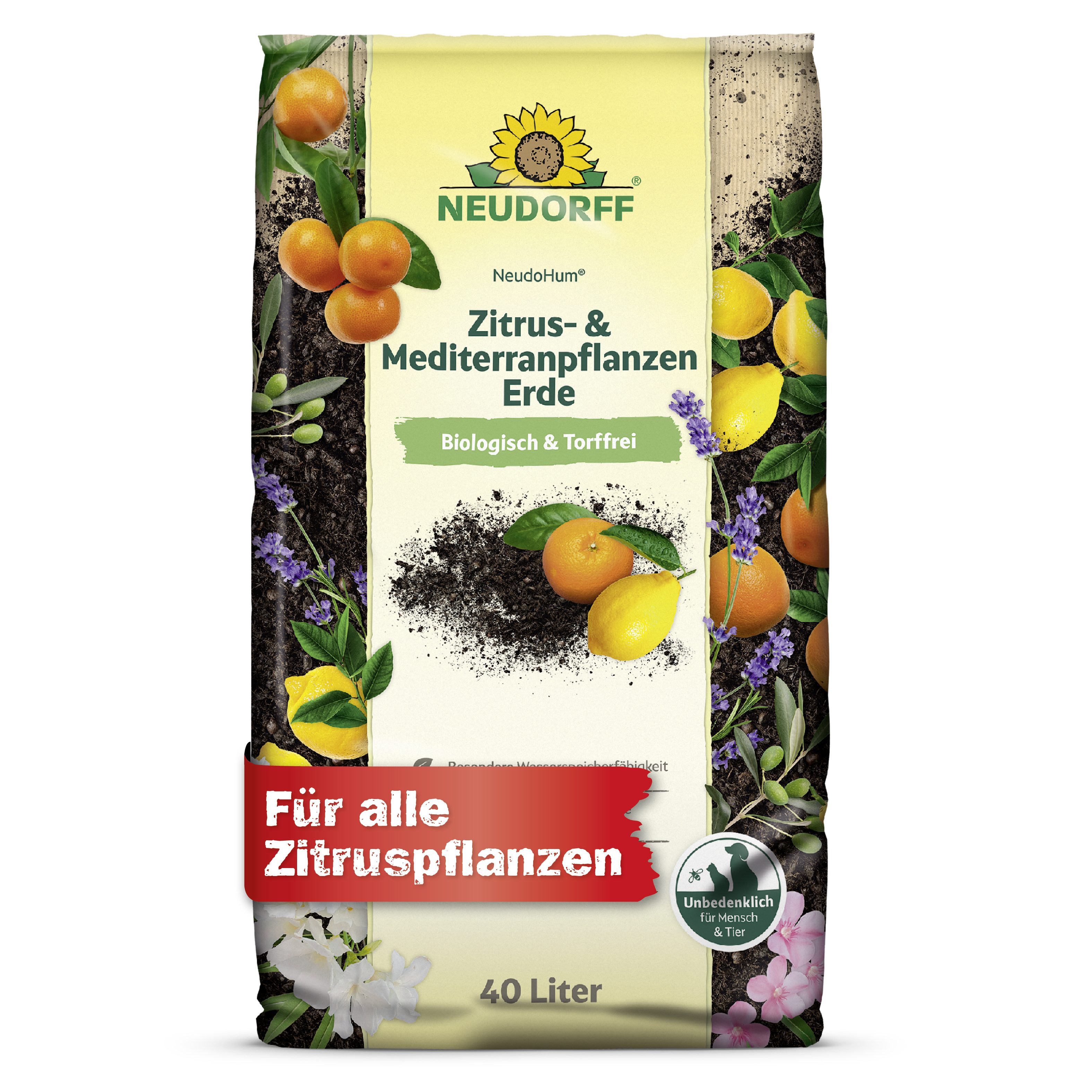 Neudorff Blumenerde NeudoHum Zitrus- & MediterranpflanzenErde 40 L, mit Organische Grunddüngung, (Einzelartikel, Nimmt Wasser auch nach Trockenphasen schnell wieder auf), Biologisch, torffrei, hohe Standfestigkeit & Wasserspeicherung