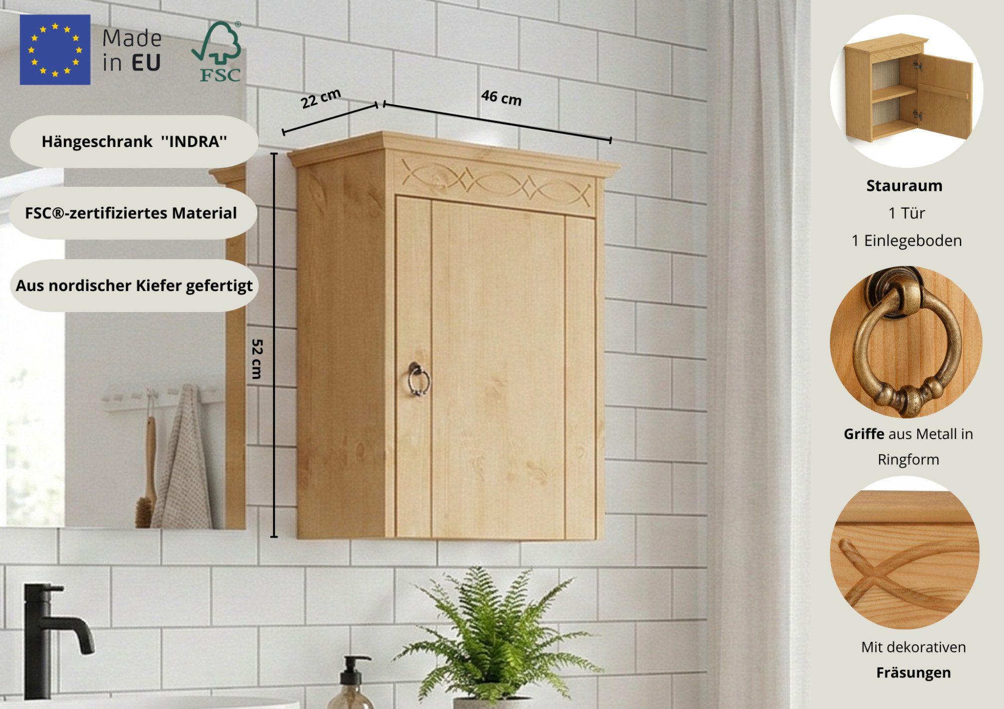 OTTO home Hängeschrank Indra, Badschrank, Badmöbel, Badezimmerschrank (B/T/H: 46/32/52 cm) aus massiver Kiefer, FSC®-zertifiziert