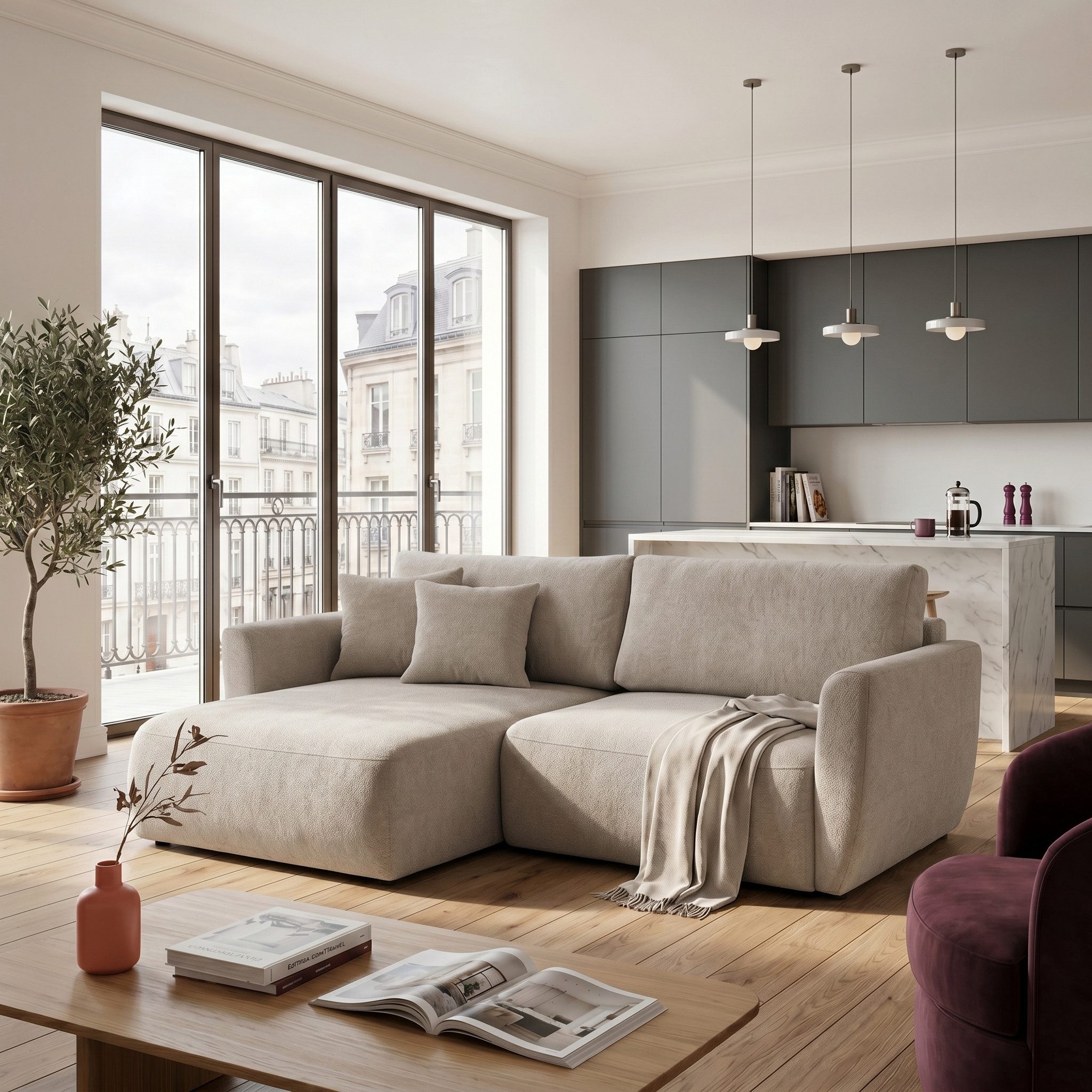 Muffo Ecksofa Bella mit Schlaffunktion Easy-Clean, mit Schlaffunktion und Bettkasten 230x165 cm, mit Armlehnen und Stauraum