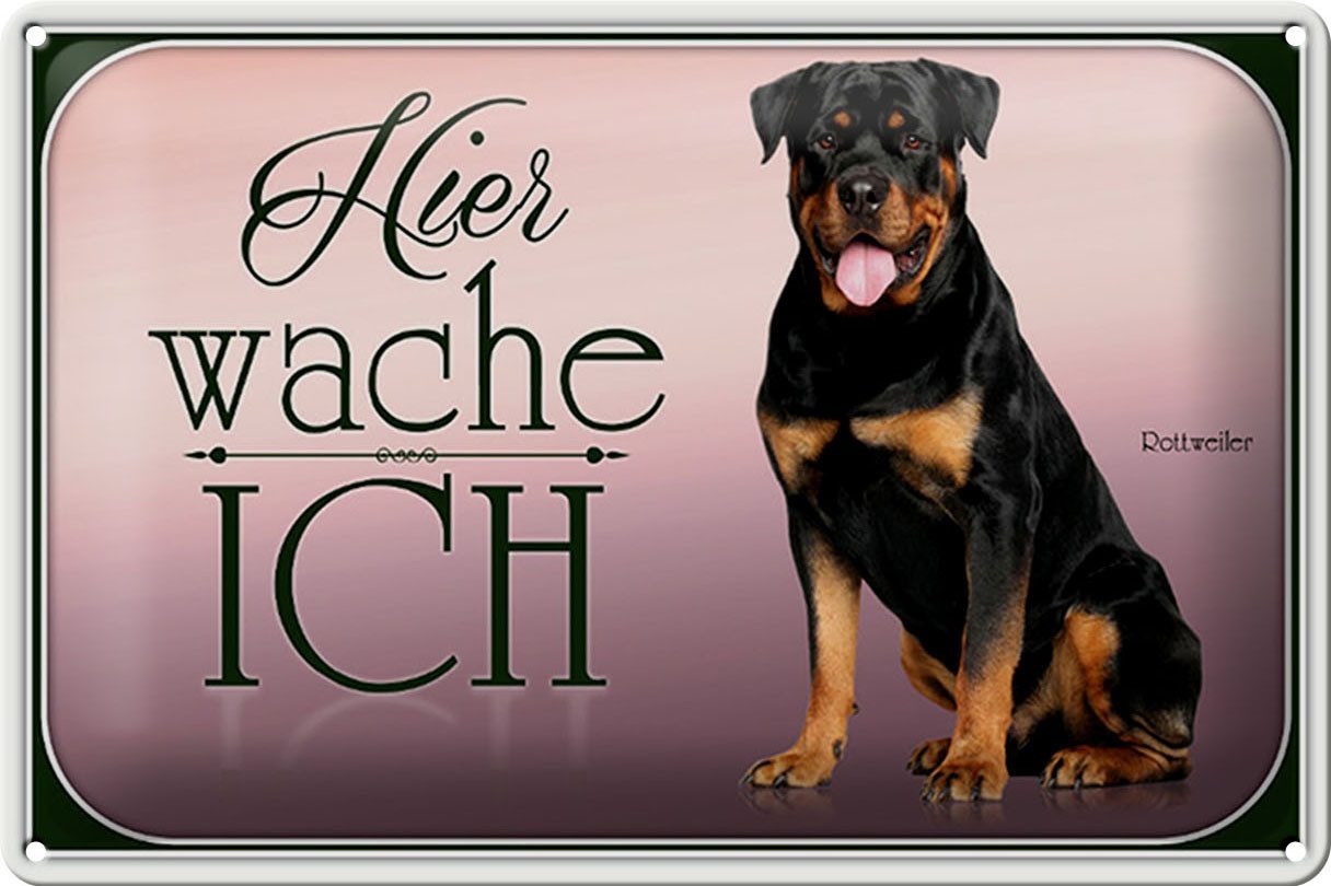 Femer GmbH Metallschild Hund 30x20cm Rottweiler hier wache ich, (1 St), gewölbte Oberfläche, abgerundete Ecken, umgeschlagene Kanten