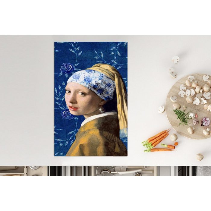 MuchoWow Herdblende-/Abdeckplatte Mädchen mit Perlenohrring - Delfter Porzellan - Vermeer - Blumen - Vinyl (1 tlg) Küchen Dekoration für Induktionsherd Induktionskochfeld VQ12802