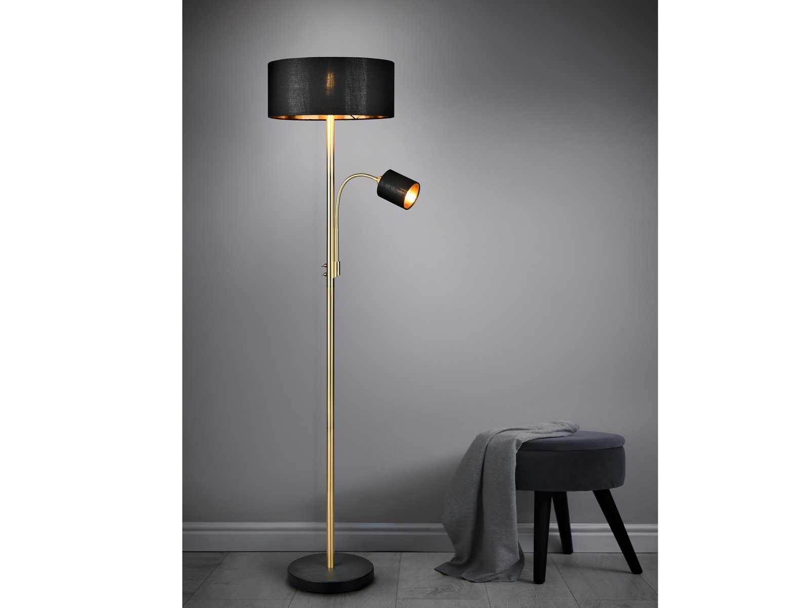 Ecke, groß Warmweiß, Lesearm matt Dimmfunktion, Schwarz wechselbar, Stoff Höhe Lese-lampe, gold-en Stehlampe, / LED LED 163cm mit Lampenschirm-e meineWunschleuchte Messing &