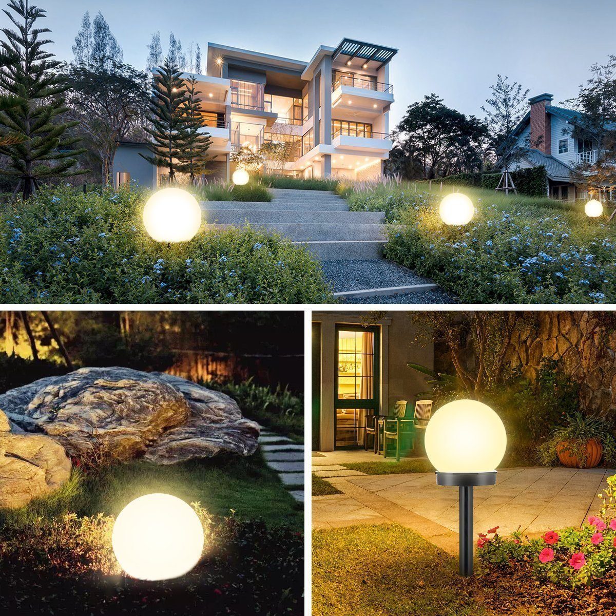 mit Erdspieß, Garten integriert, 8 Außen LED Gartenstrahler iscooter Kugel LED Tageslichtweiß, Solarlampe Solarleuchte für Stücke Gartenleuchte, fest Kugelerdspiess, LED LED