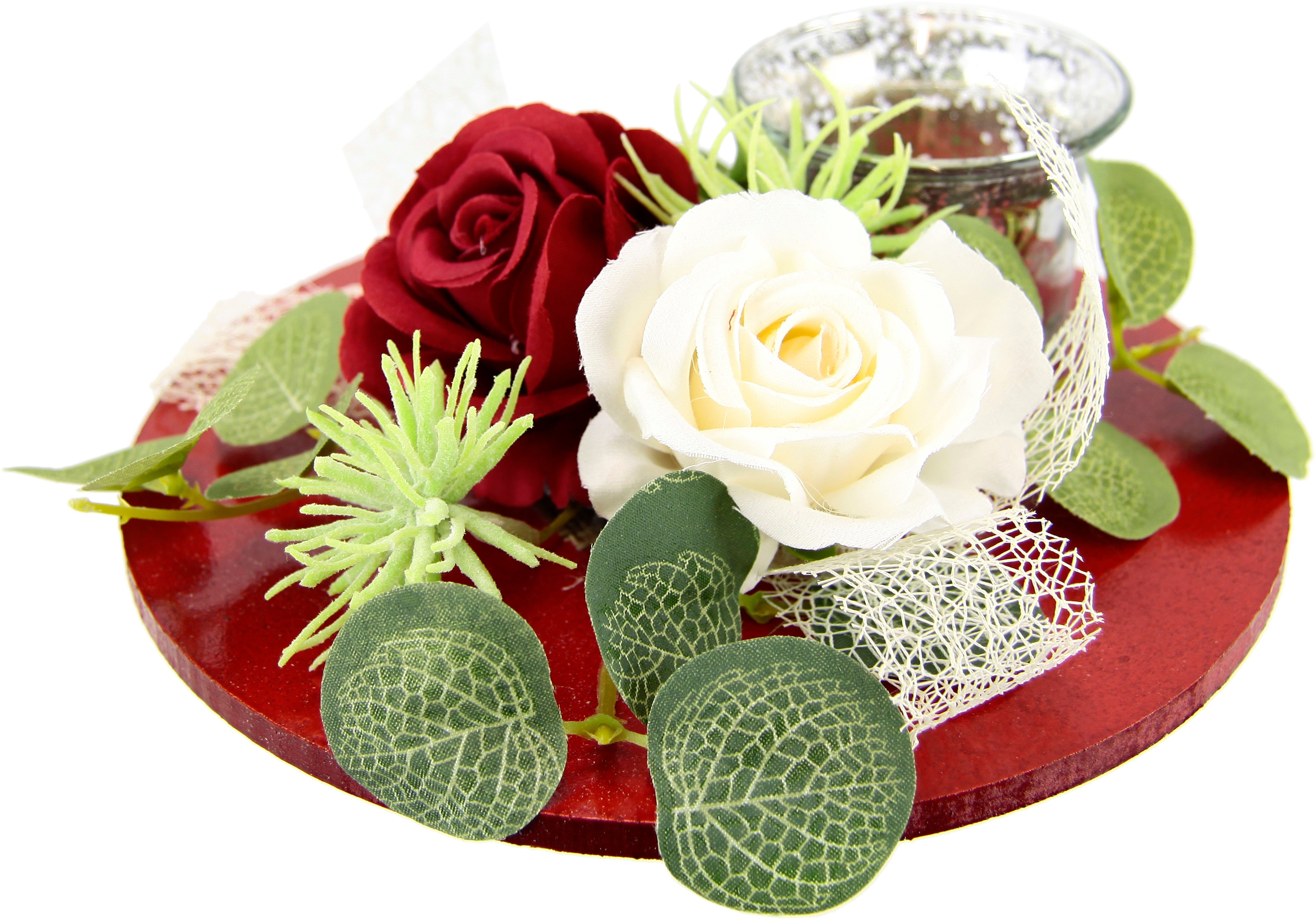 I.GE.A. Teelichthalter Mit Glaseinsatz und Teelichtkerze, künstlichen Rosen Eukalyptus (1 St), Kerzenständer Kerzenhalter Tischdeko Kerzen Muttertag Valentinsta – Bild 5 von 5
