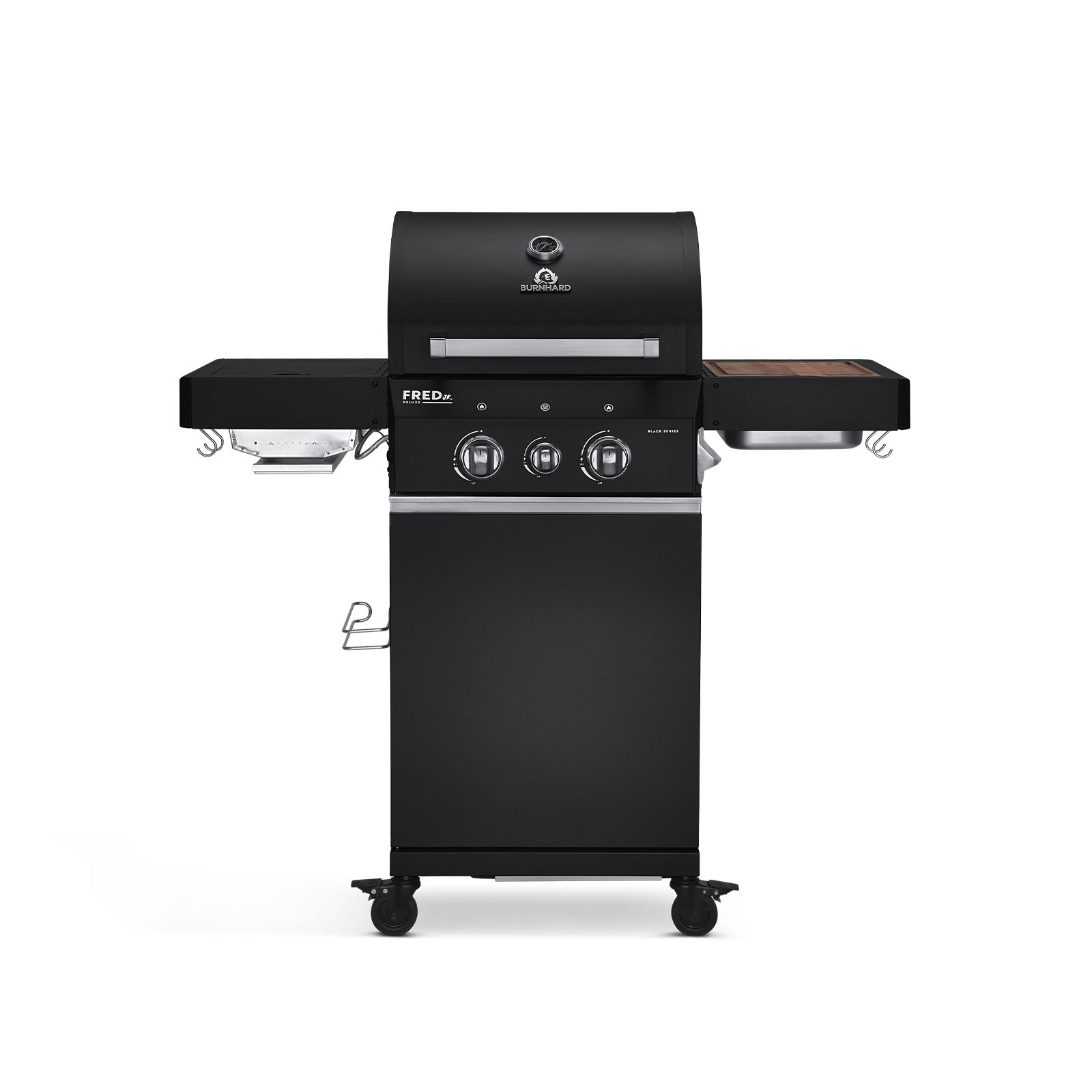 BURNHARD Gasgrill Fred Jr., 2-Brenner, BURNHARD 2-Brenner Gasgrill FRED Jr. Deluxe BLACK Series 3 inkl. 900°C Infrarot-Keramikbrenner, Gusseisen-Grillrost, Grillabdeckung, Grillwagen + klappbare Seitentische, Series 3, 10,5 kW, Gusseisenrost - Black Series, Pulverbeschichteter Stahl