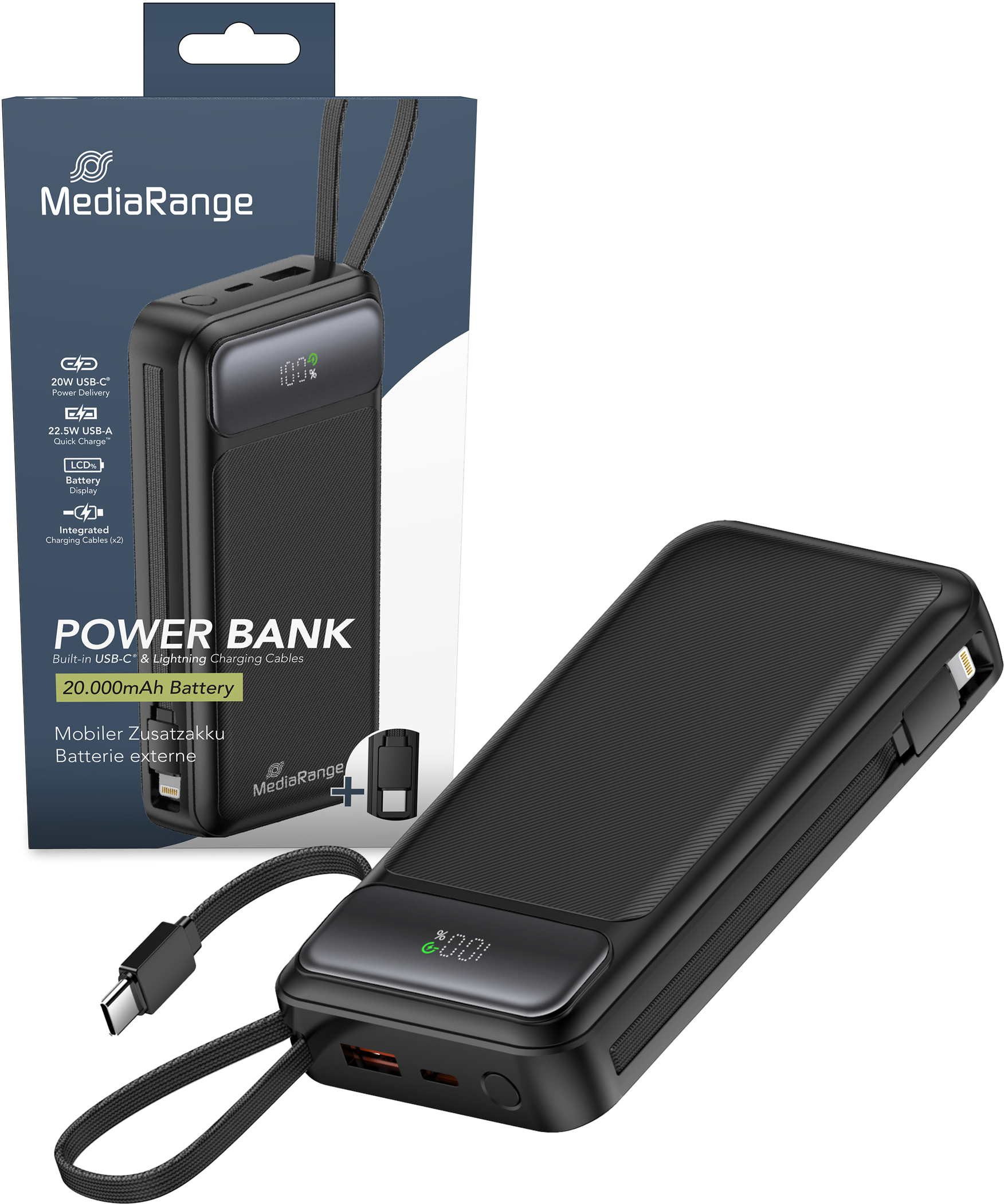 Mediarange Powerbank 20000 mAh Ladegerät USB 2x Typ C, Typ A, Lightning schwarz Powerbank