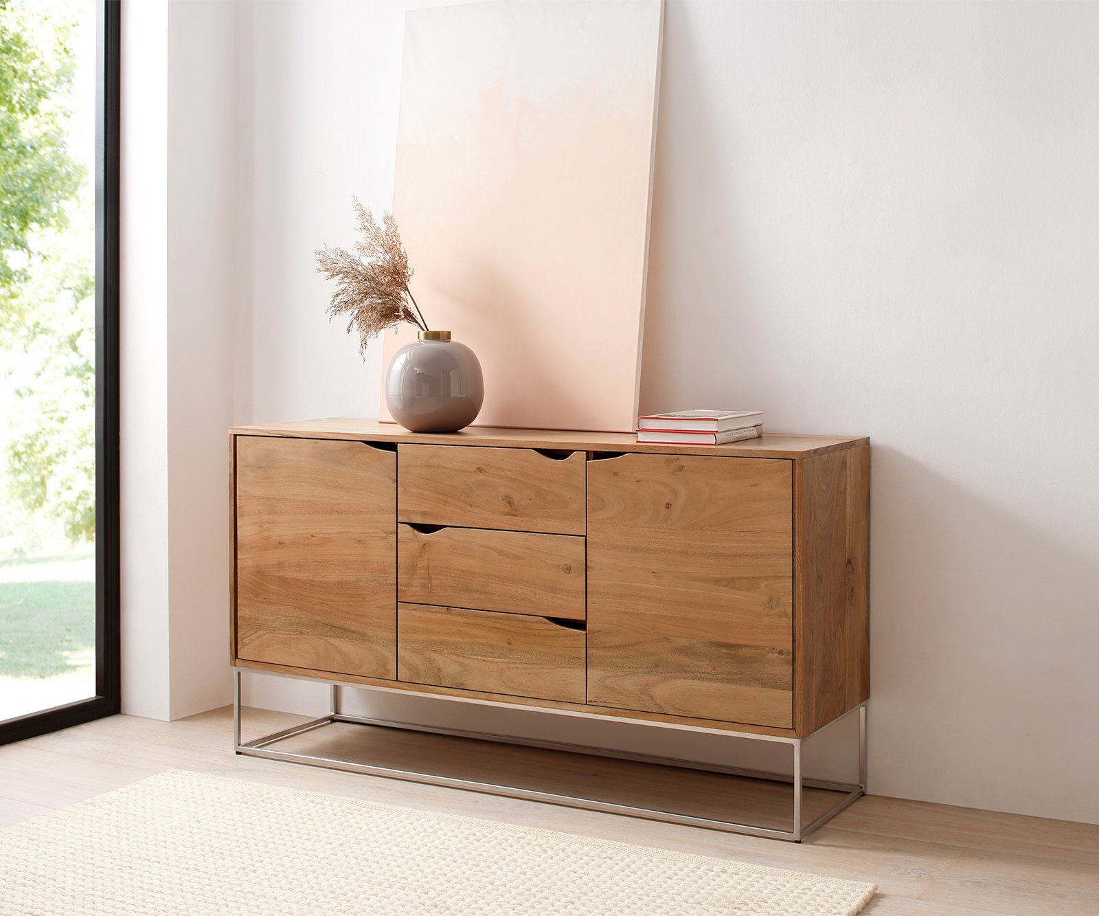 DELIFE Sideboard Loca, Akazie Natur 140x39x75 cm 3 Schübe 2 Türen