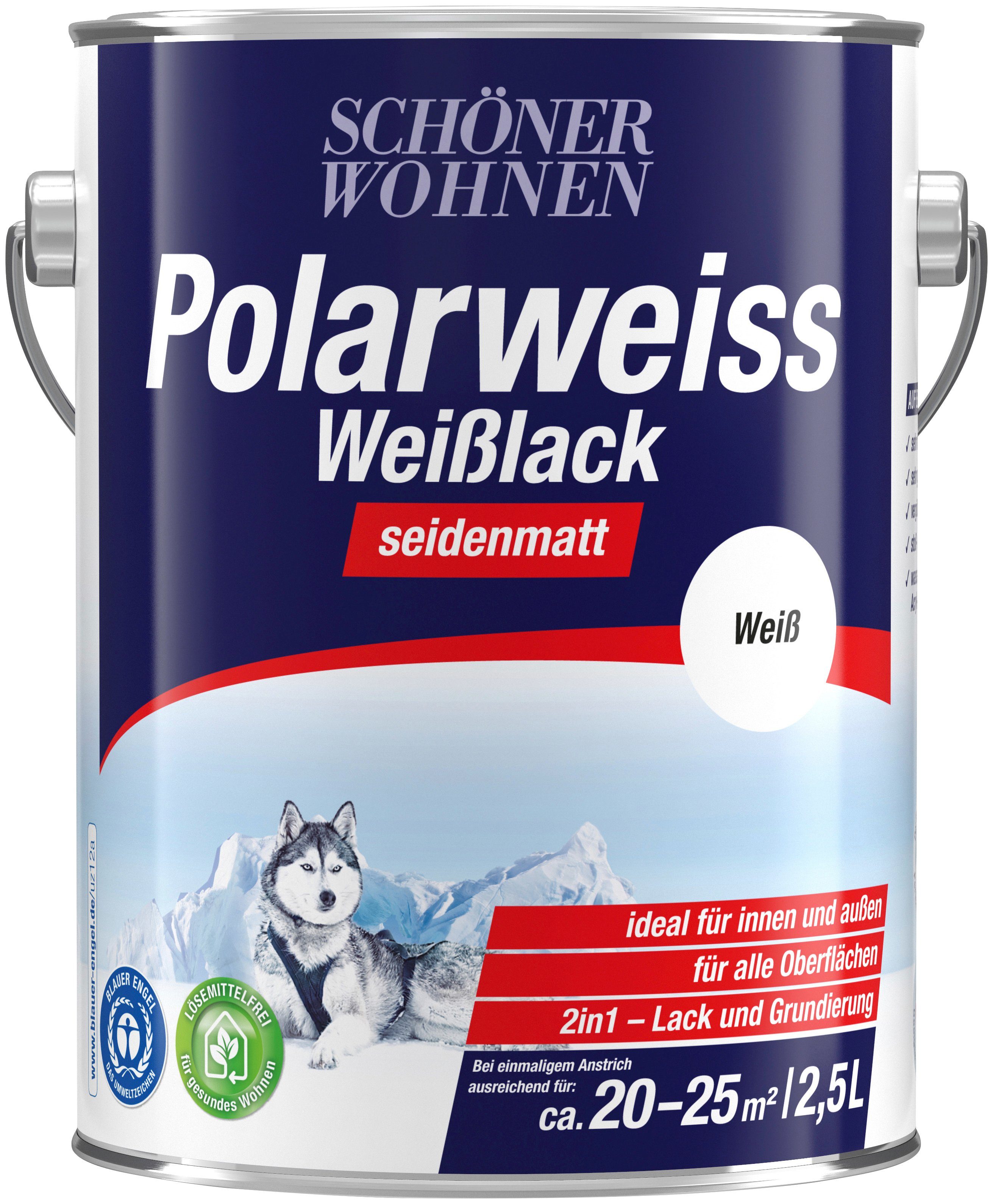 SCHÖNER WOHNEN FARBE Weißlack Liter, für 2,5 seidenmatt, Oberflächen Polarweiss, innen & alle geeignet außen