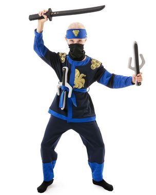 Corimori Kostüm Ninja-Kostüm für Kinder (Jungen und Mädchen) mit Zubehör (Katana-Schwe, Katana-Schwert, Dolche, Stirnband, Maske, Tattoos, Blau M 116-128 cm