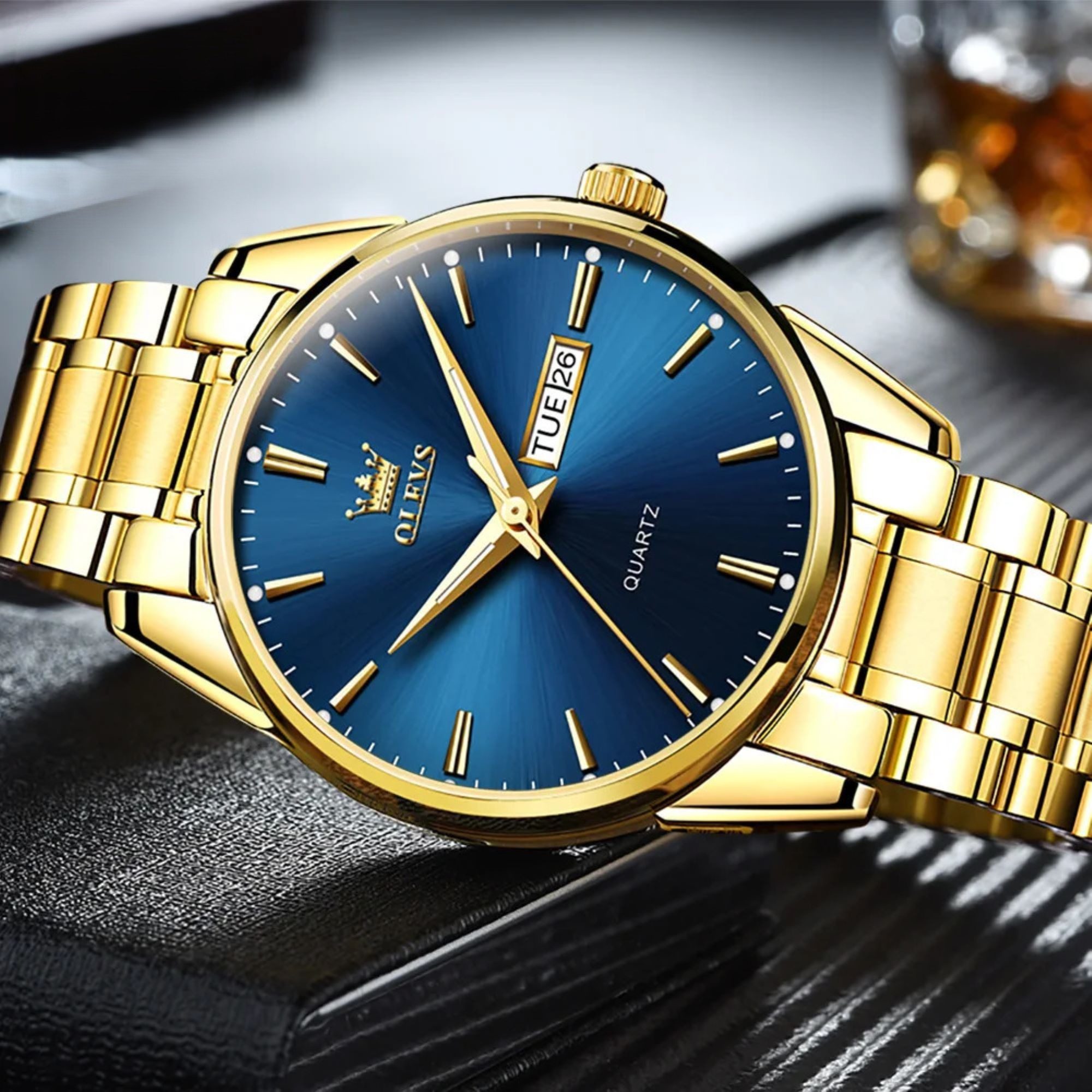 OLEVS Quarzuhr Herrenuhr Olevs– Stilvolle Uhr mit blauem Zifferblatt Goldfarben