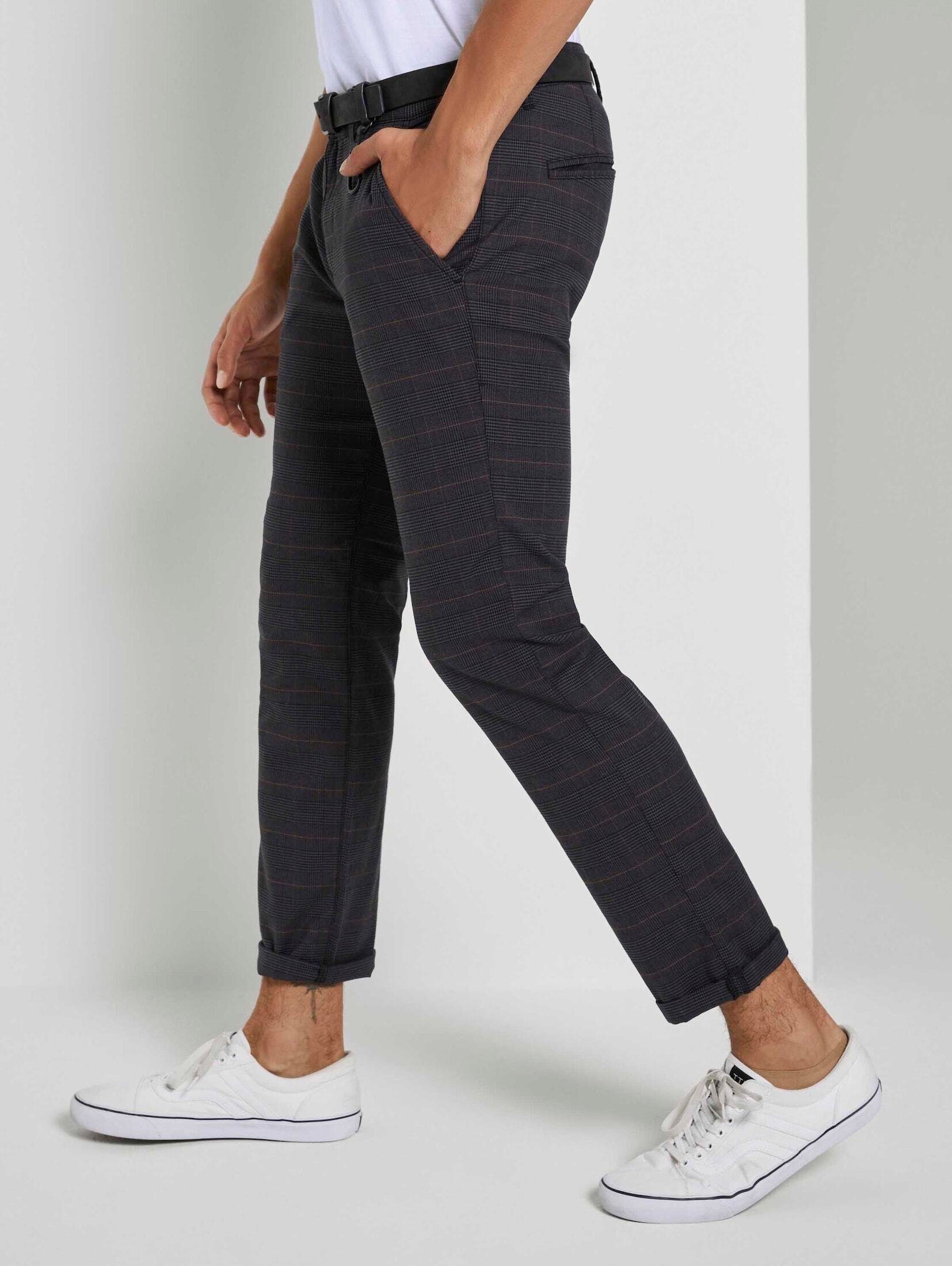 TOM TAILOR Denim yarn brown Gürtel mit Chinohose check Chinohose grey dye Strukturierte