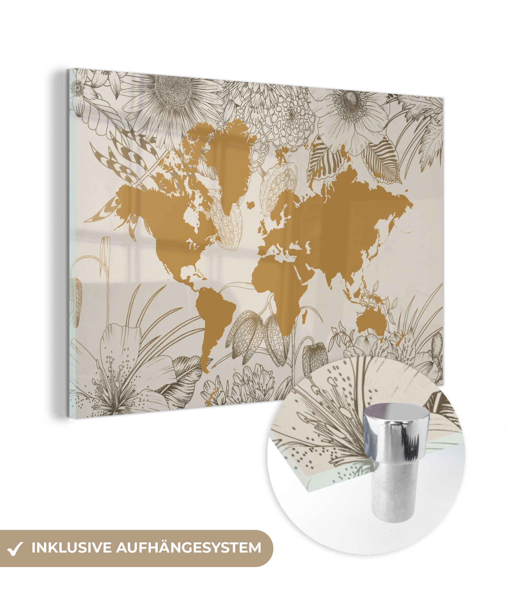 MuchoWow Acrylglasbild Weltkarte - Gold - Blumen, (1 St), Glasbilder - Bilder auf Glas Wandbild - Foto auf Glas - Wanddekoration