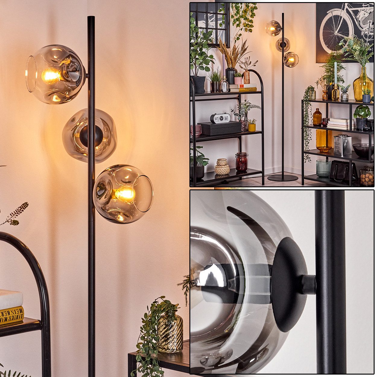 Stehlampe Stehlampe aus Metall/Glas in Schwarz/Rauchfarben mit Fußschalter