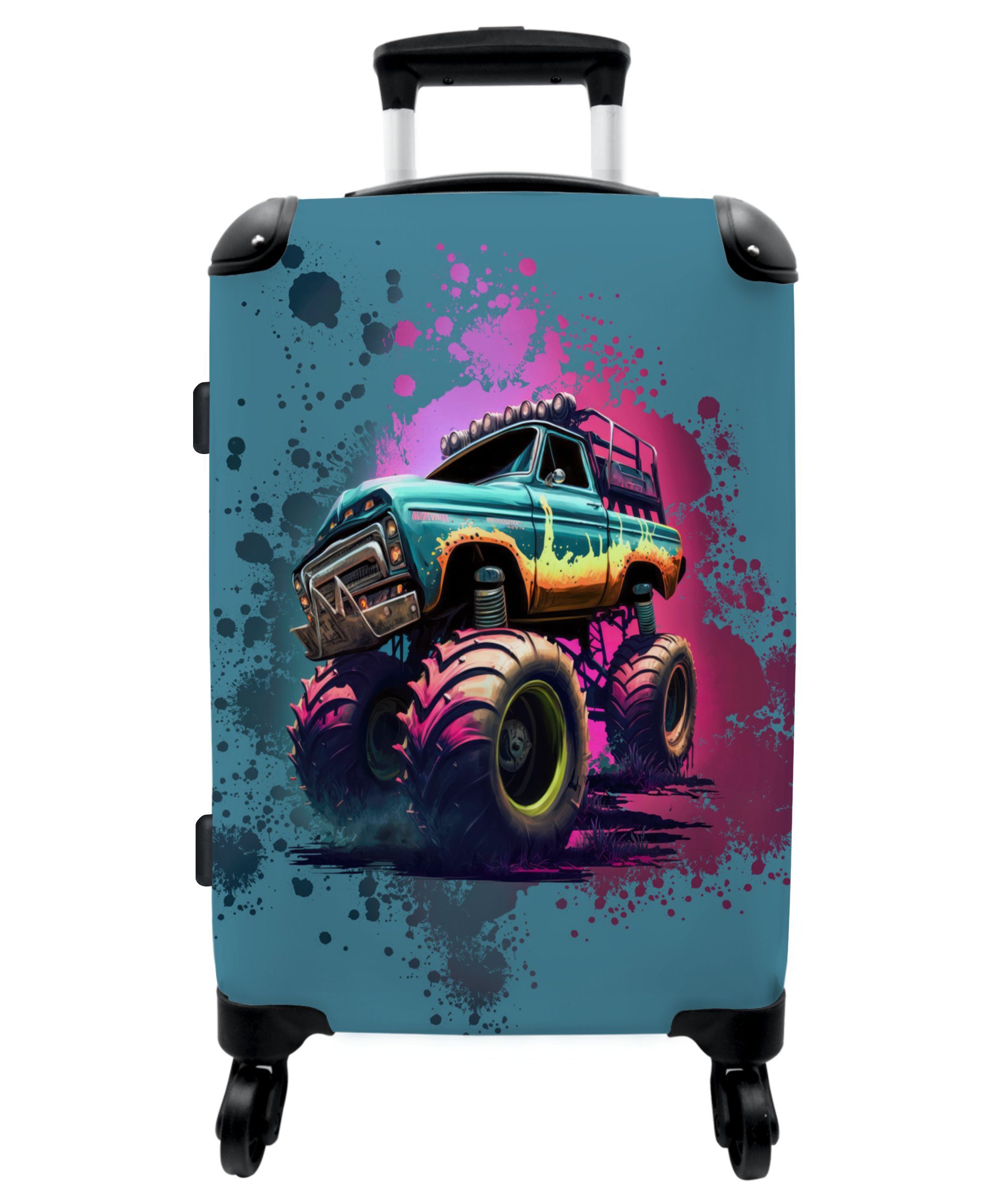 NoBoringSuitcases.com© Koffer Monstertruck - Farbe - Graffiti - Rosa - Neon 67x43x25cm, 4 Rollen, Mittelgroßer Koffer für Jungen, Kinder Trolley