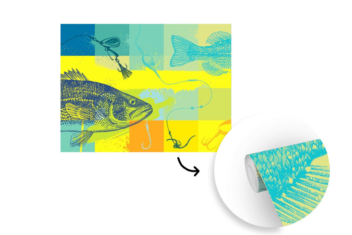 MuchoWow Fototapete Farbige Illustration eines Vinyl (5 Montagefertig Tapete Matt, Fisches, Wohnzimmer, für Wandtapete bedruckt, St)