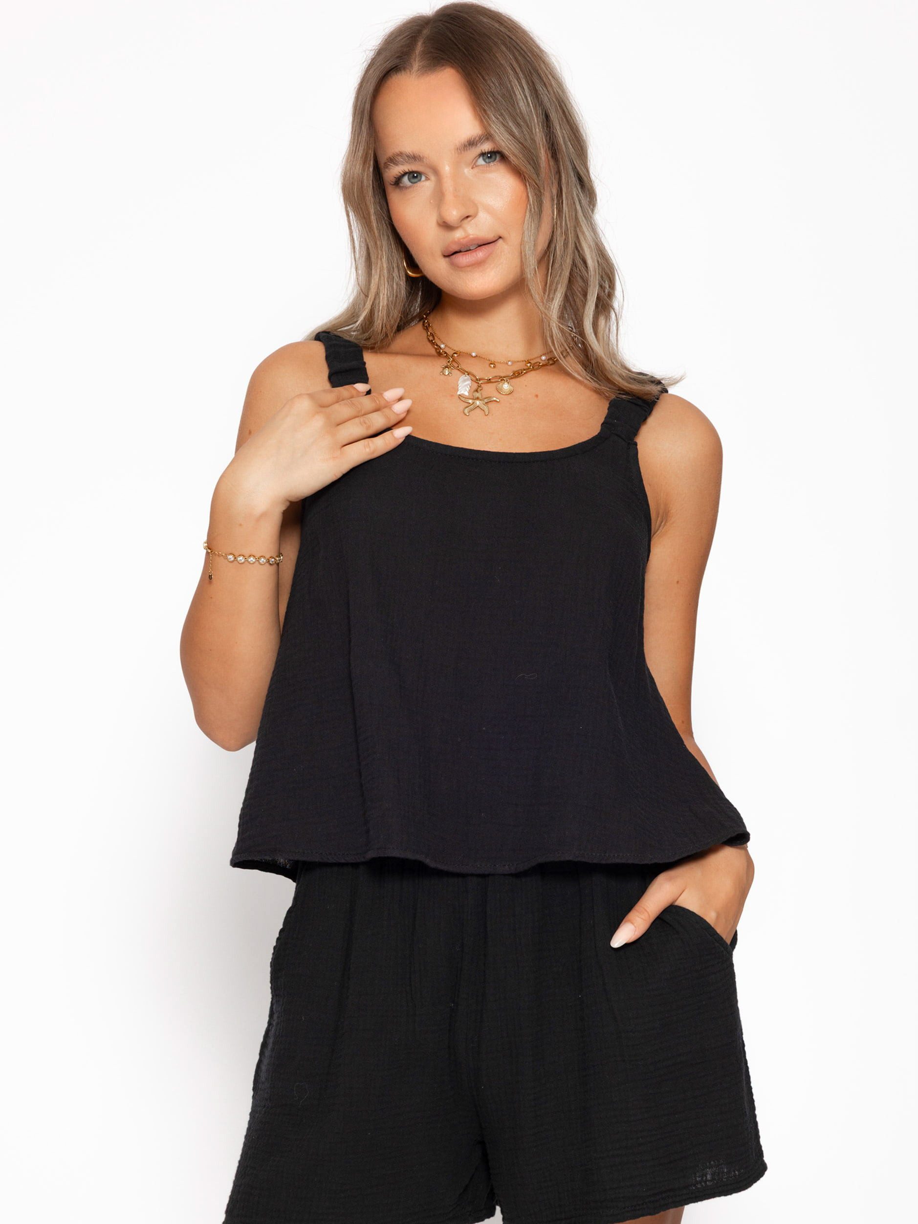 SASSYCLASSY T-Shirt Musselin Top mit gerafften Trägern für Damen Luftiges B günstig online kaufen