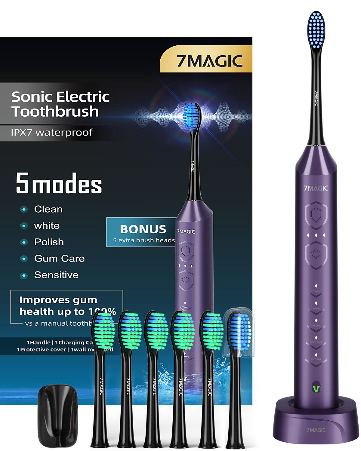 7MAGIC Elektrische Zahnbürste D36 Schallzahnbürste für Zahnpflege, mit 5 modi 3 Vibrationsstärken, Aufsteckbürsten: 6 St., Electric toothbrush für Erwachsene,Zähne reinigen wie ein Zahnarzt, Reise Zahnbürsten mit 6 Zahnbürstenkopf, Timer