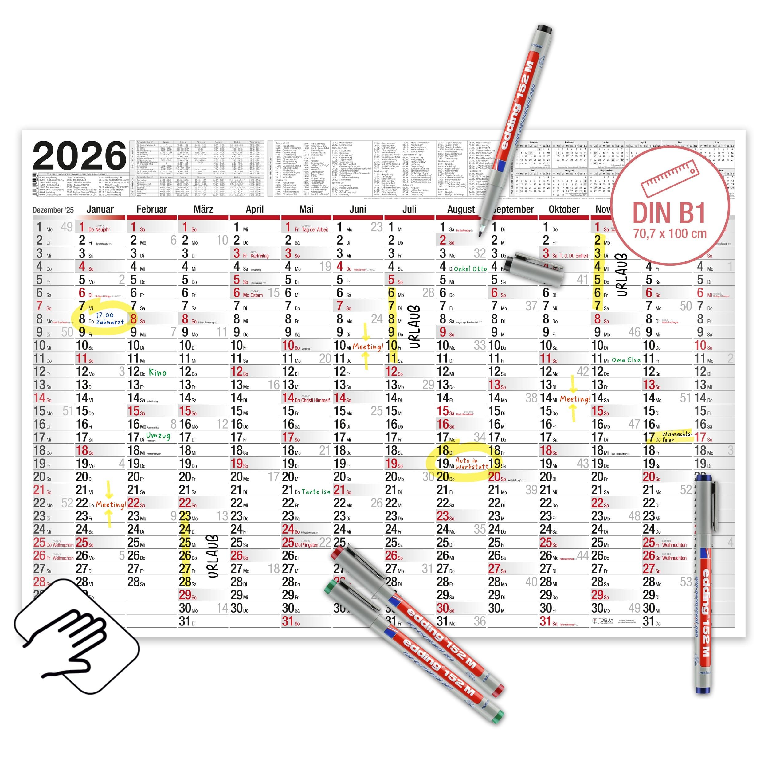 TOBJA Wandkalender XXL Wandkalender 2026 abwischbar inkl. 4 Stifte, Jahreskalender Bürokalender Jahresplaner gerollt
