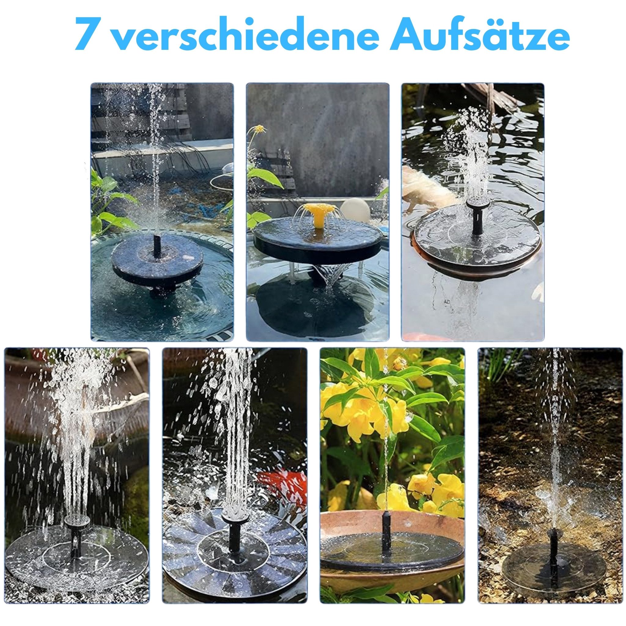 matches21 HOME & HOBBY Wasserspiel Solar Springbrunnen für draußen, Wasserfontäne als Gartendeko, (7 tlg), Solarbrunnen mit Saugnapf, Abstandshalter & 5 Aufsätze