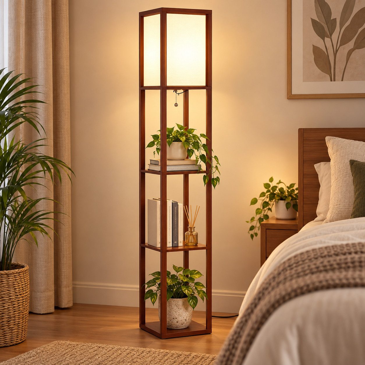Sunicol LED Stehlampe Stehlampe Wohnzimmer, Braun Walnuss Stehleuchte mit Regal, Warmweiß, Retro Beleuchtung mit Fassung für Wohnzimmer Büro Schlafzimmer