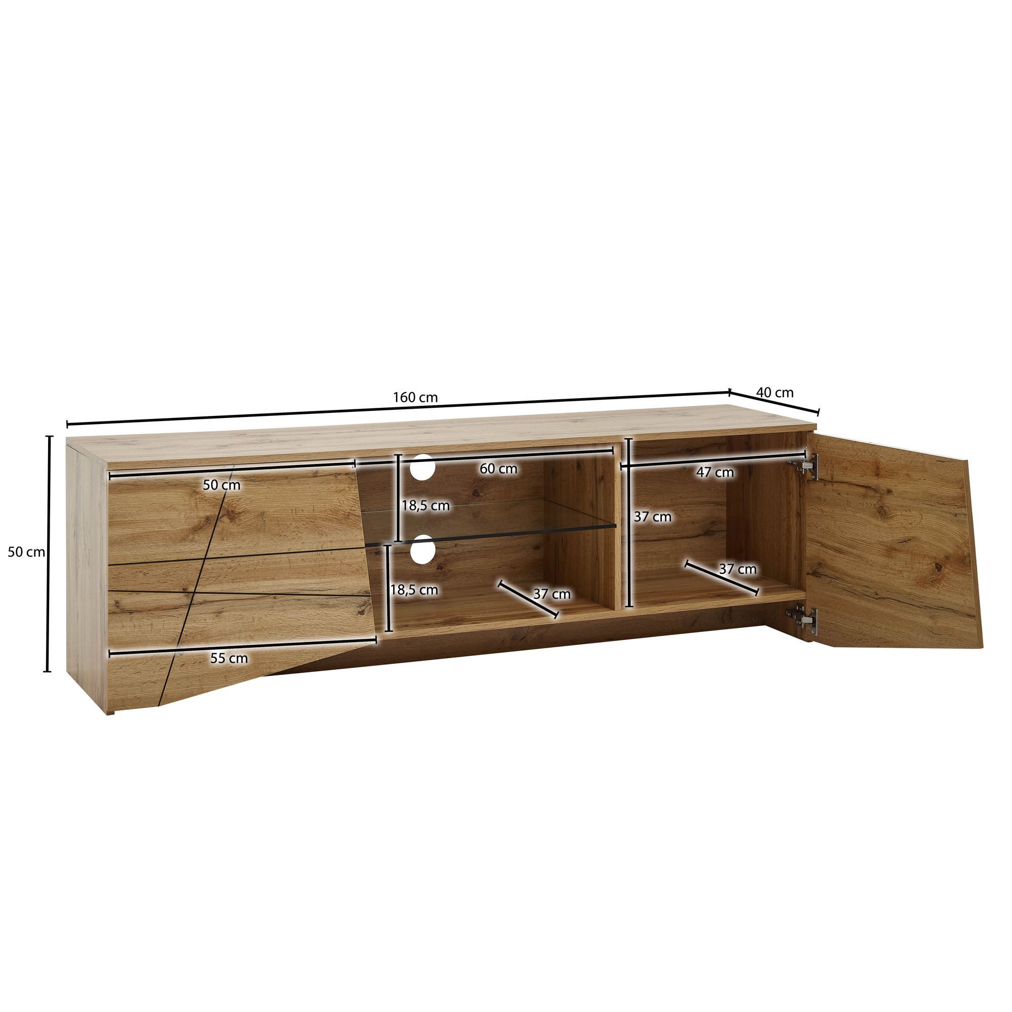 FINEBUY Lowboard FB76452 TV-Board Kommode 160cm MDF Eiche Dekor Design mit 2 Türen (TV-Kommode Hoch, TV-Schrank Modern, Fernsehtisch), Holz Eiche-Dekor 160x50x40 cm mit zwei Türen