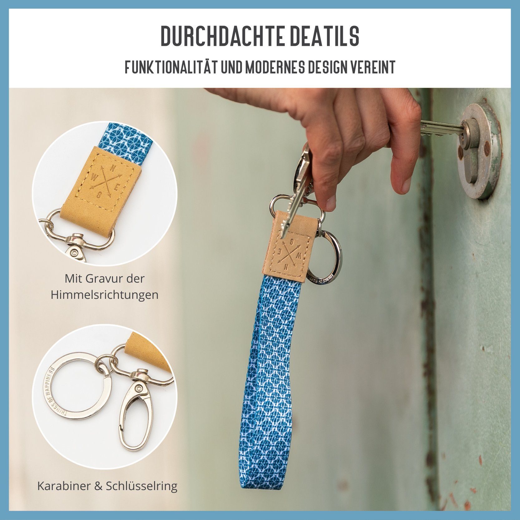 Things of Happiness Schlüsselanhänger Schlüsselband kurz mit Schlüsselring und Karabiner, kurzes Lanyard, Geschenk