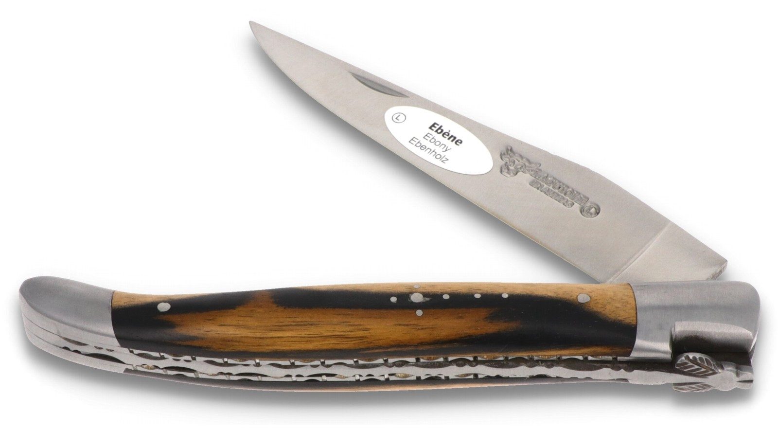 Laguiole en Aubrac Taschenmesser L0212ELH-FSB1, Griff 12cm s/w Ebenholz - Feder und Platine verziert - Stahl satiniert
