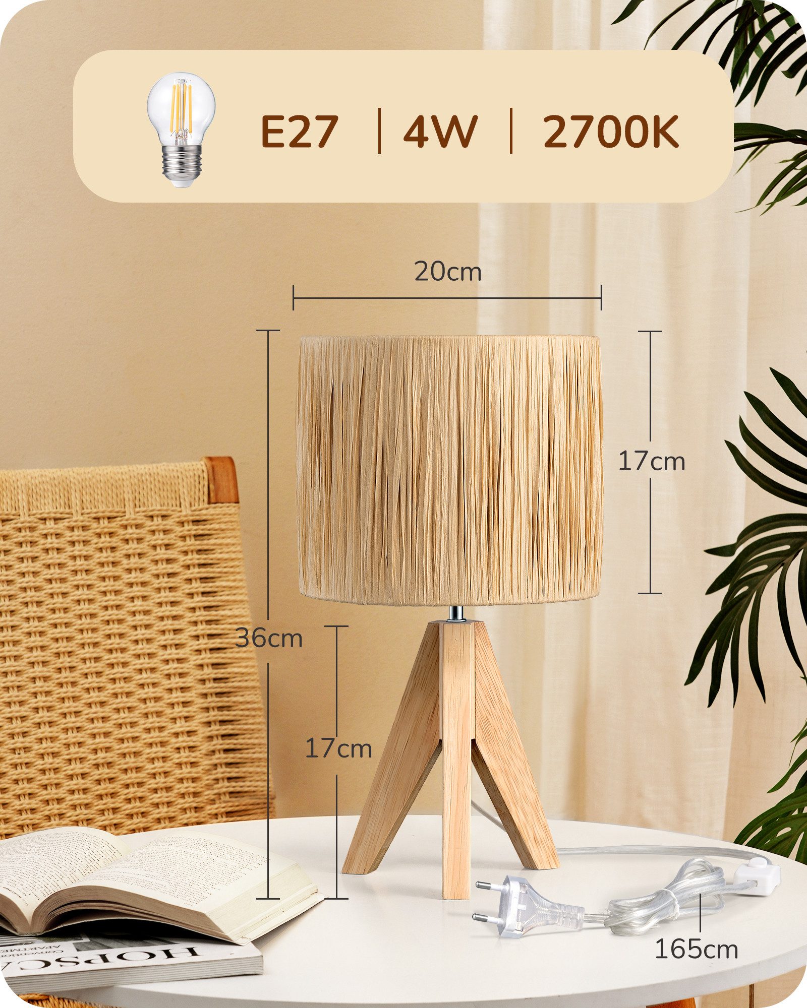 EDISHINE LED Nachttischlampe mit Seil-Lampenschirm, vintage Dekolampe, LED wechselbar, Warmweiß, Tischlampe holz mit Leuchtmittel, Boho Tischleuchte für Schlafz – Bild 4 von 5