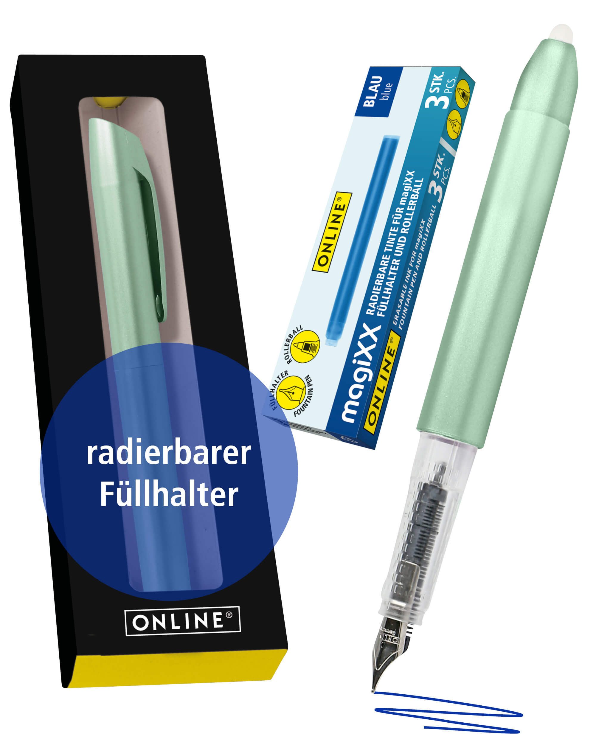 Online Pen Füller magiXX Radierbarer Füller, (2-tlg), mit radierbarer, blauer Tinte, inkl. 4 magiXX Patronen, Vorteilspack