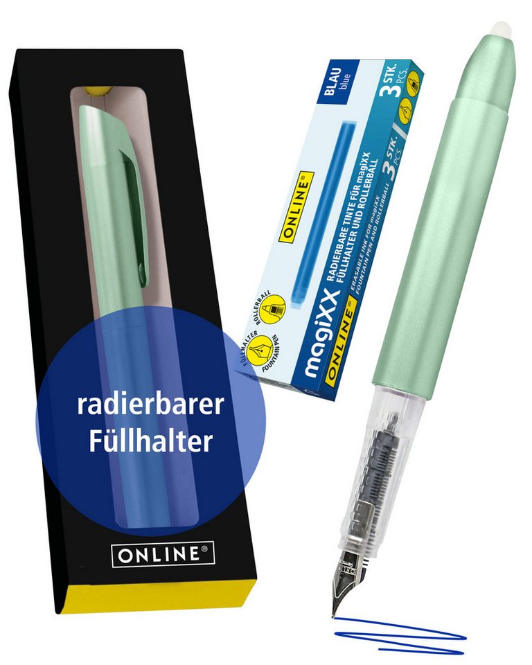 Online Pen Füller magiXX Radierbarer Füller, (2-tlg), mit radierbarer, blauer Tinte, inkl. 4 magiXX Patronen, Vorteilspack