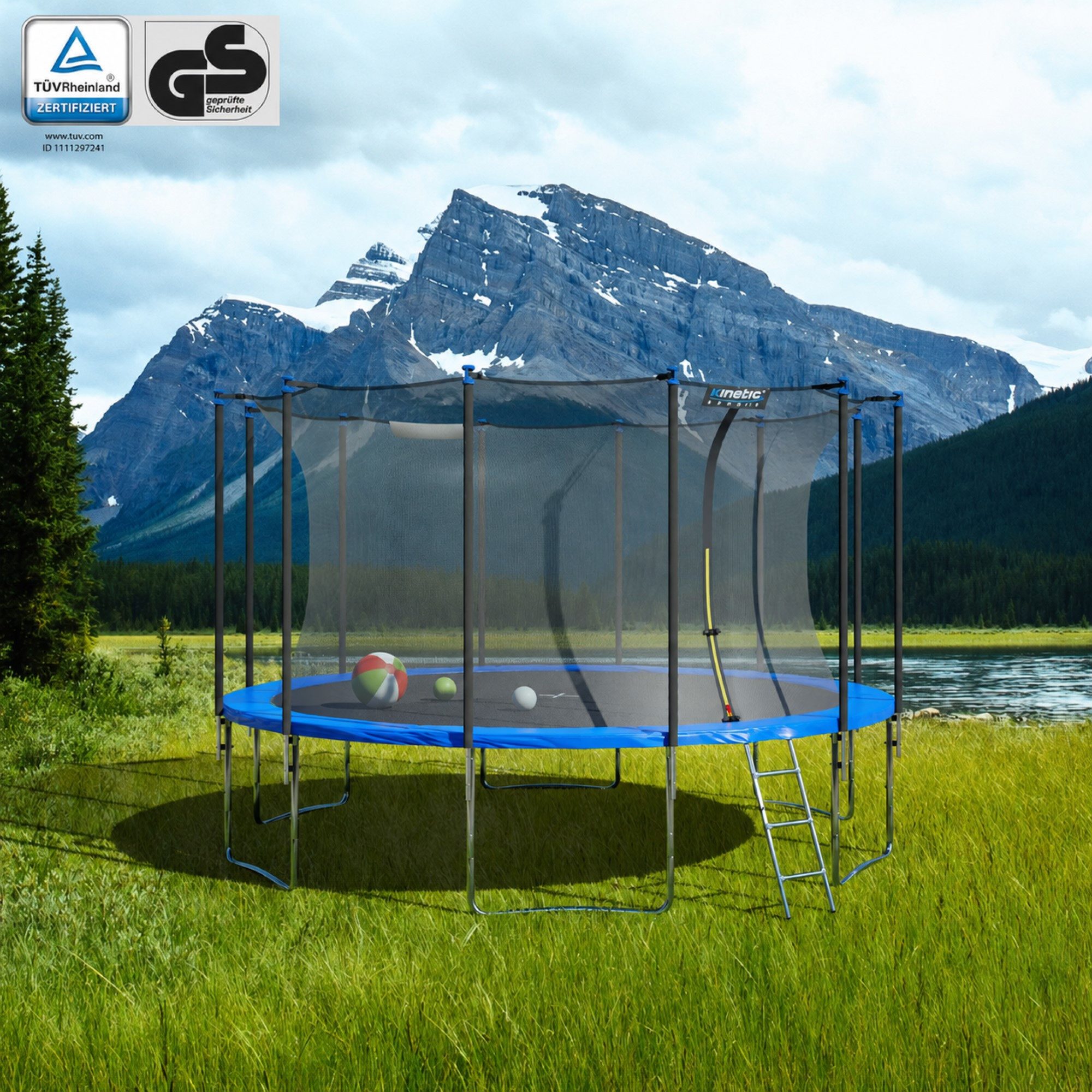 Kinetic Sports Gartentrampolin SALTO, Ø 366 cm, Kindertrampolin Set mit Sicherheitsnetz, USA Sprungtuch, Leiter