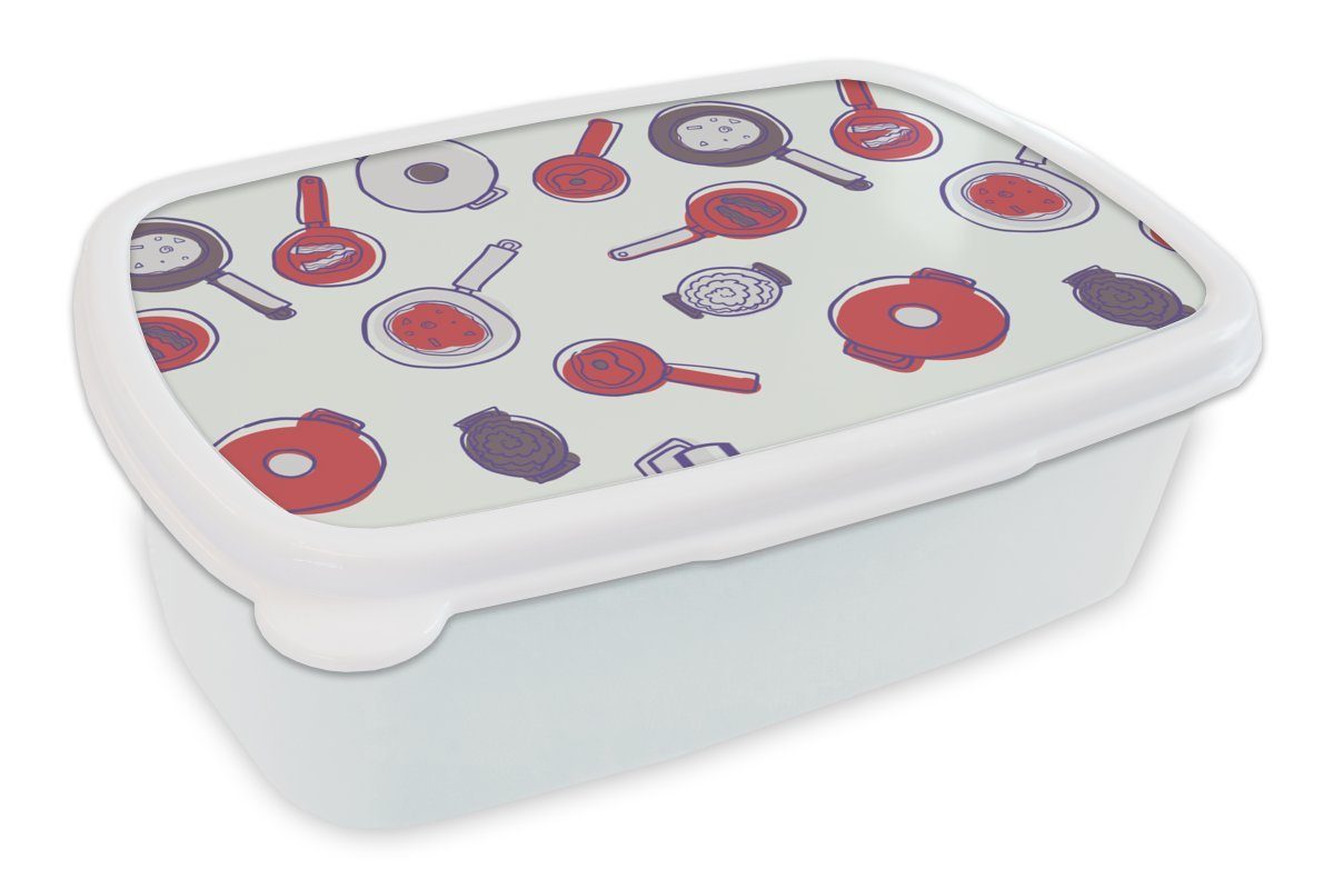 MuchoWow Lunchbox Muster - Kochen - Pfanne - Lebensmittel, Kunststoff, (2-tlg), Brotbox für Kinder und Erwachsene, Brotdose, für Jungs und Mädchen weiß