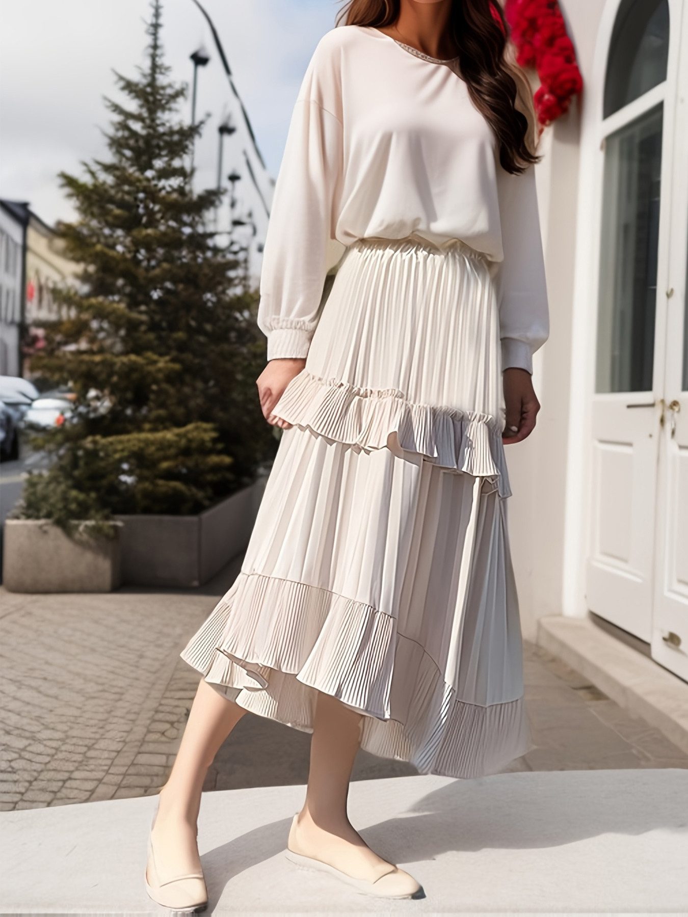 DEBAIJIA Midirock Damen Elegant mit hoher Taille Faltenrock einfarbiger