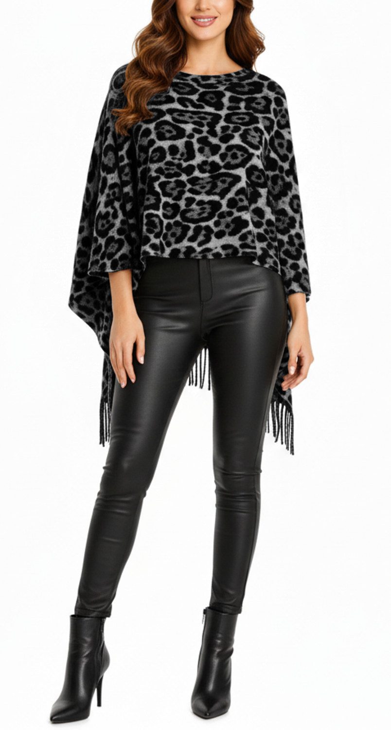 dy_mode Strickponcho Damen Feinstrick Poncho mit Fransen im Leo-Print Cape/ günstig online kaufen