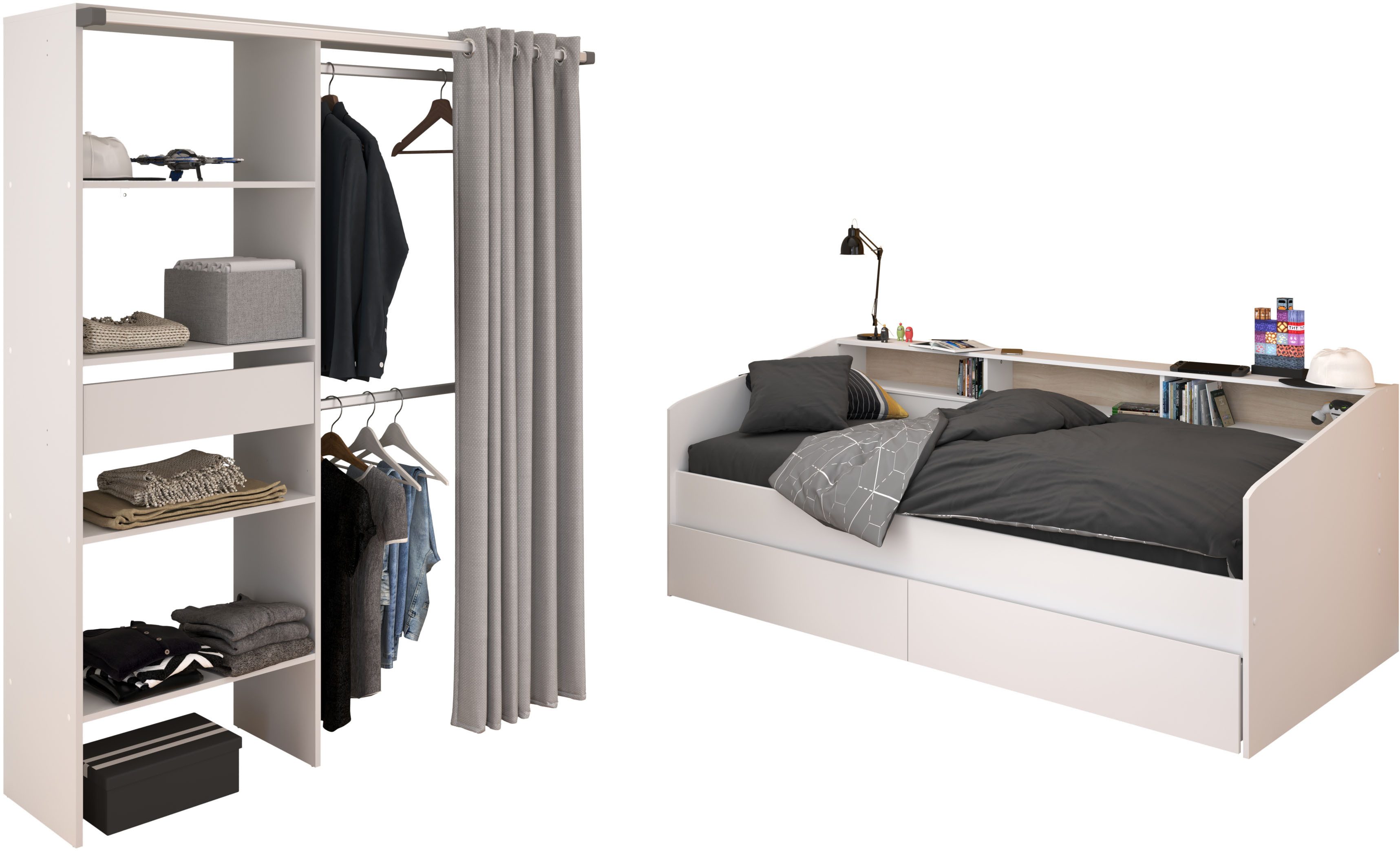 Parisot Jugendzimmer-Set Parisot Sleep 11, (Set, 2-tlg), Rückwand am Bett drehbar - Weiss oder Eiche
