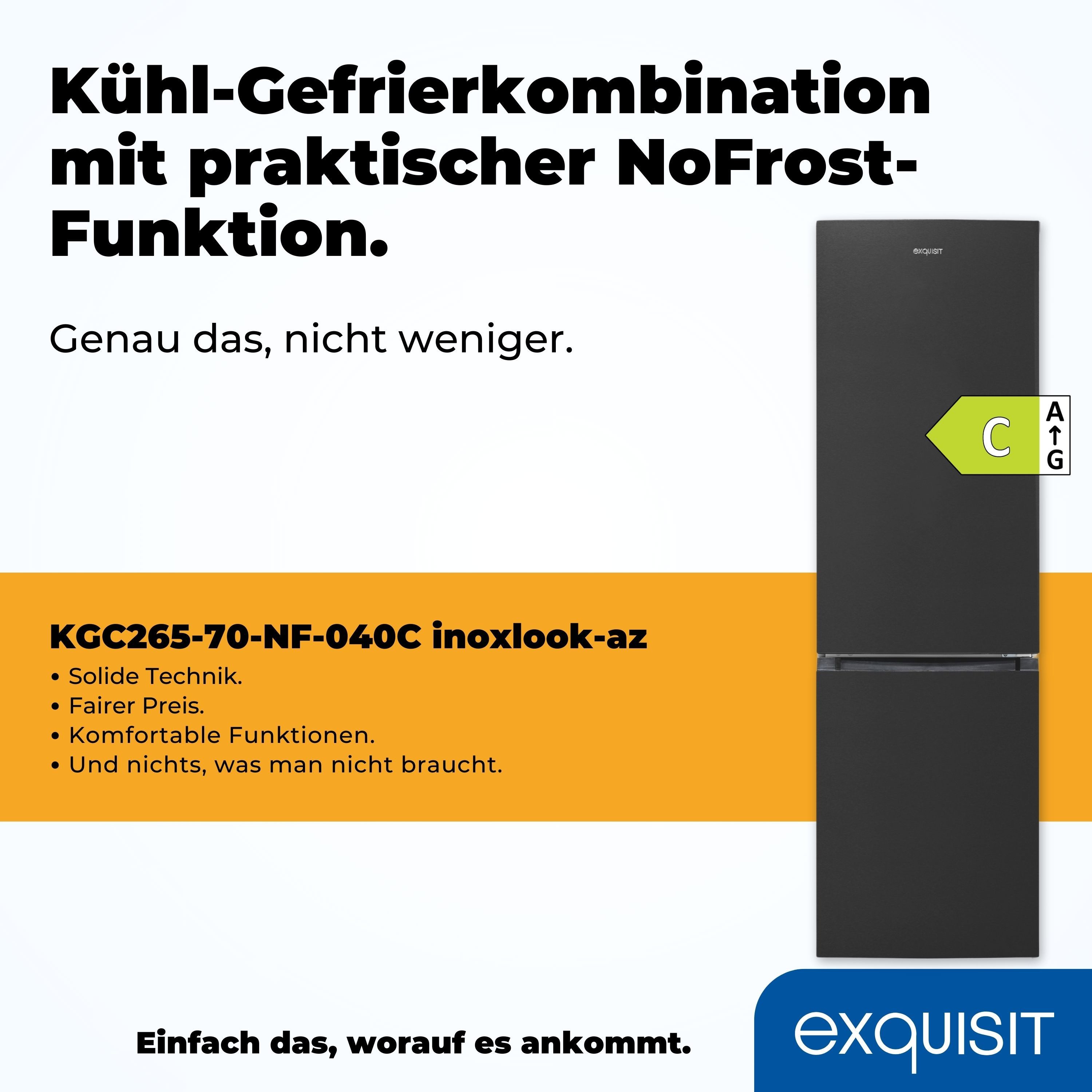 exquisit Kühl-/Gefrierkombination KGC265-70-NF-040C, 180,5 cm hoch, 54,5 cm breit, Energieeffizienzklasse C, 253 Liter Nutzinhalt, Total NoFrost