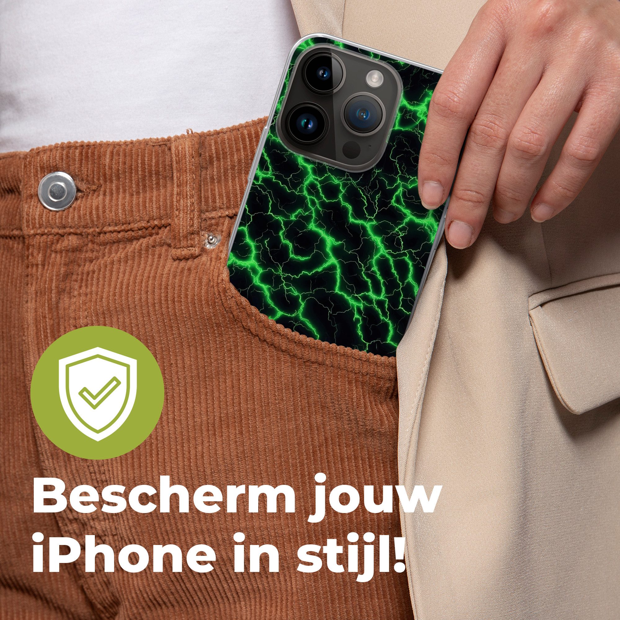 MuchoWow Handyhülle für Apple iPhone 14 Pro Spiele - Blitzschlag - Grün - Energie, Smartphone-Bumper, Print, Handy Schutzhülle Dünn