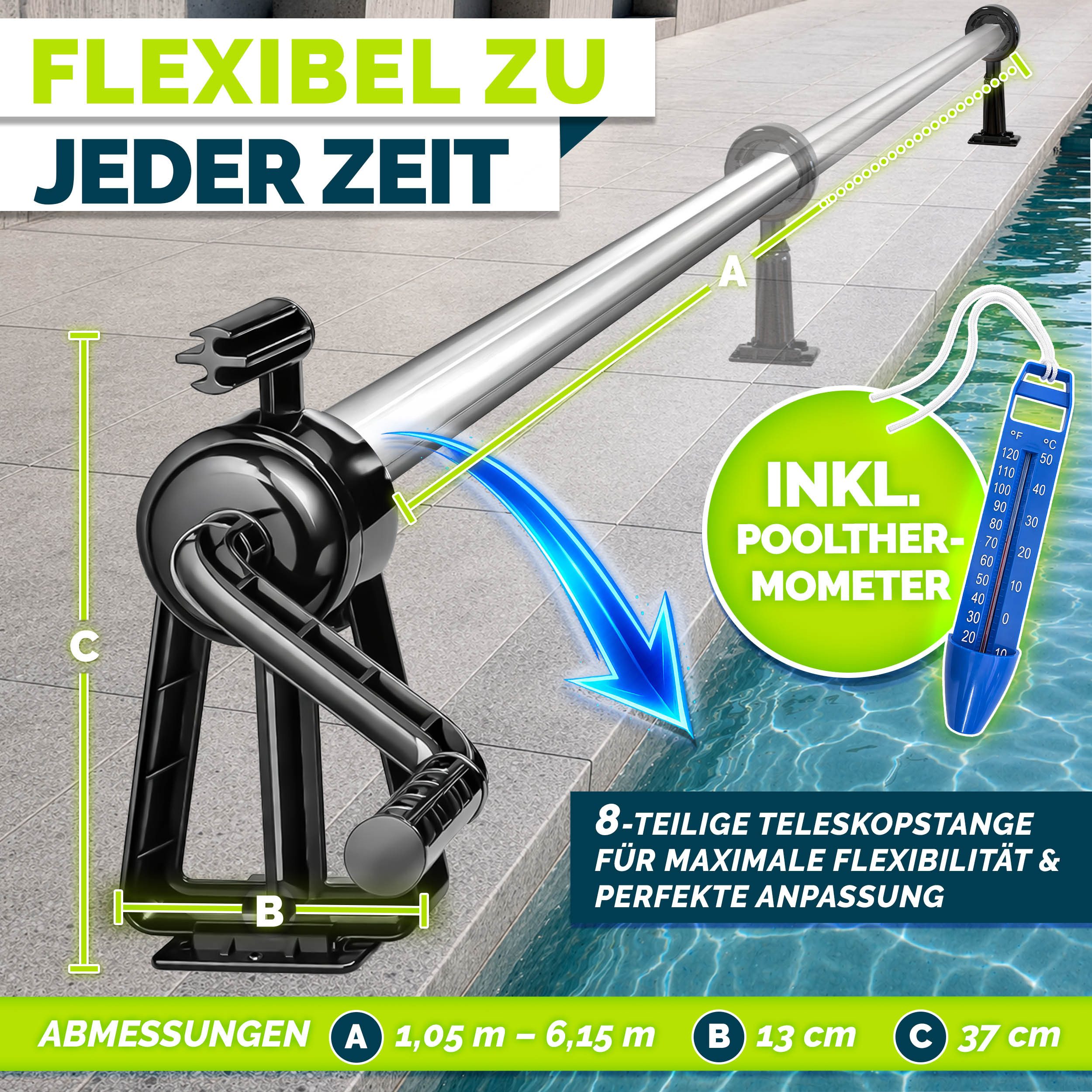 tillvex Gartentisch tillvex Pool Aufroller Premium 1,05-6,15 m inkl. Thermometer & Bänder (für Poolplane & Abdeckung, witterungsbeständiges Material, Aufrollsystem für Solarplane, Mobile Aufrollvorrichtung), Pool Aufroller Premium 1,05-6,15 m + Thermometer & Bänder