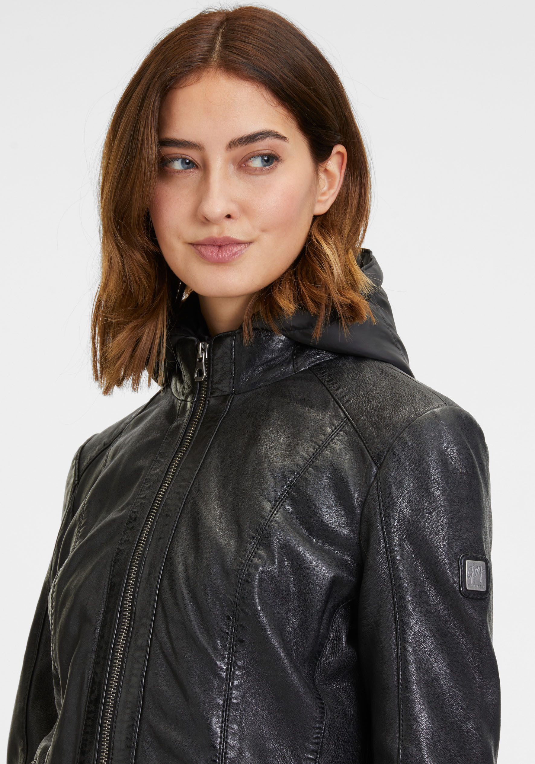 Mauritius Ledermantel GWMargo mit Kapuzeneinsatz, 2-Wege-Reißverschluss, Zipper-Details, Wattierung