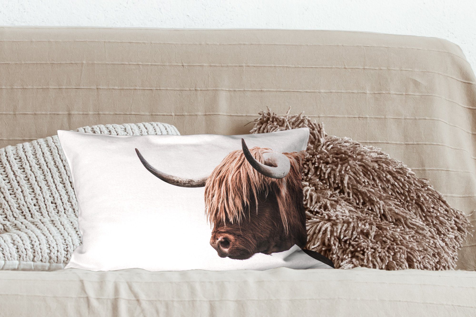 Dekoration, Schlafzimmer Füllung, - Zierkissen, Wohzimmer - mit Weiß, Schottischer Highlander Dekokissen Tier Dekokissen MuchoWow