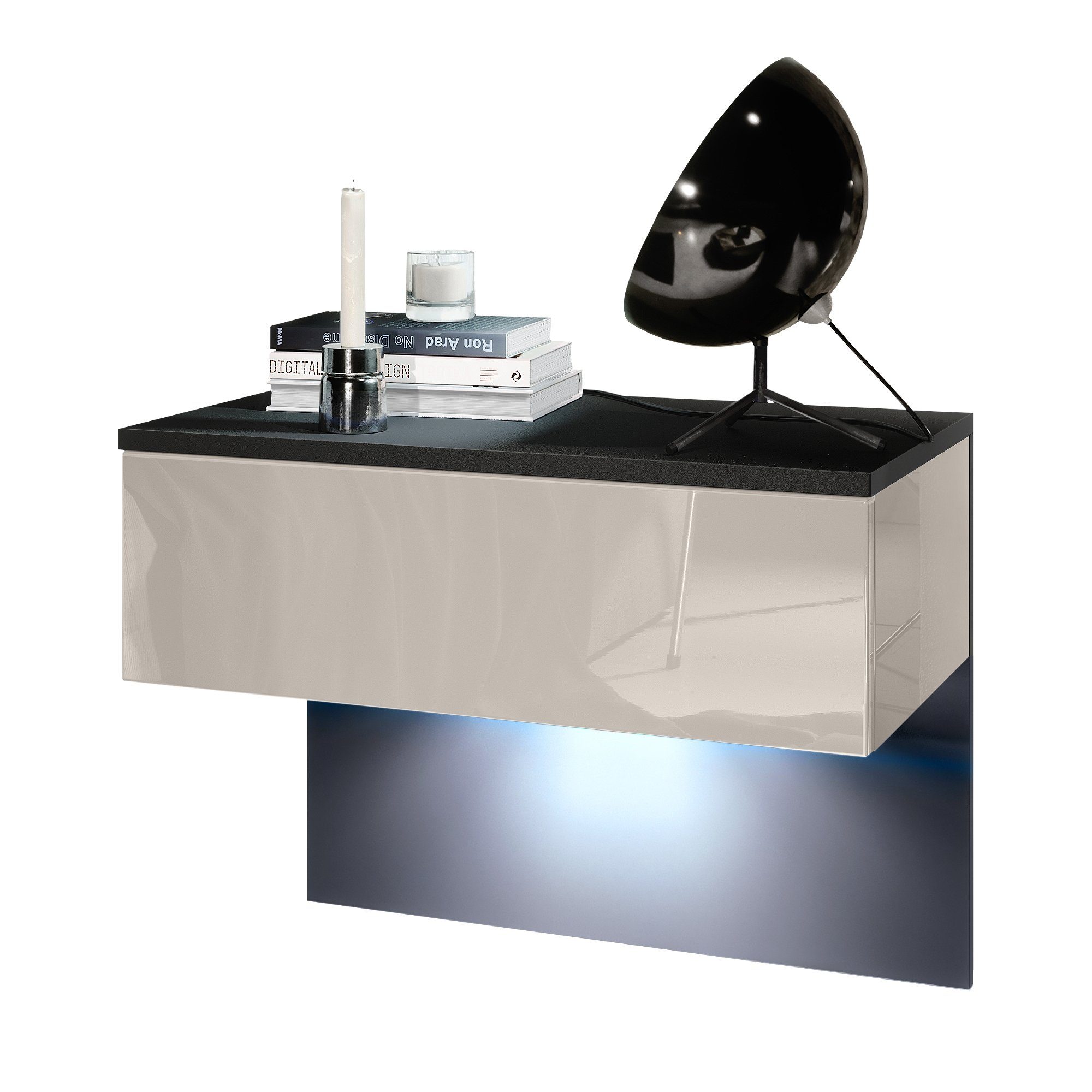 Vladon Nachttisch Sleep (Nachttischschrank, mit Schublade zur Wandmontage), Schwarz matt/Sandgrau Hochglanz (60 x 46 x 35 cm)
