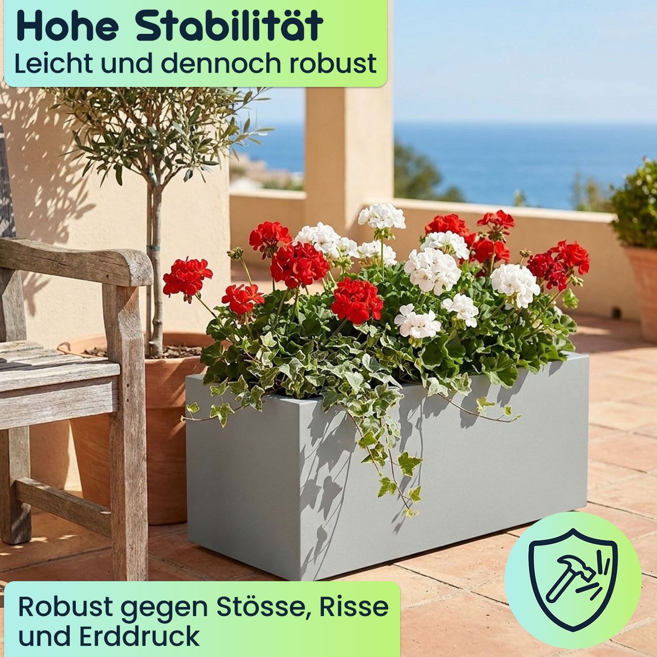 Prosperplast Blumenkasten Rechteckiger Pflanzkasten 58cm, 35L Beton-Grau, Kunststoff, UV-Schutz, Moderner 35L Pflanzkasten in Beton-Grau – frostsicher & UV-beständig