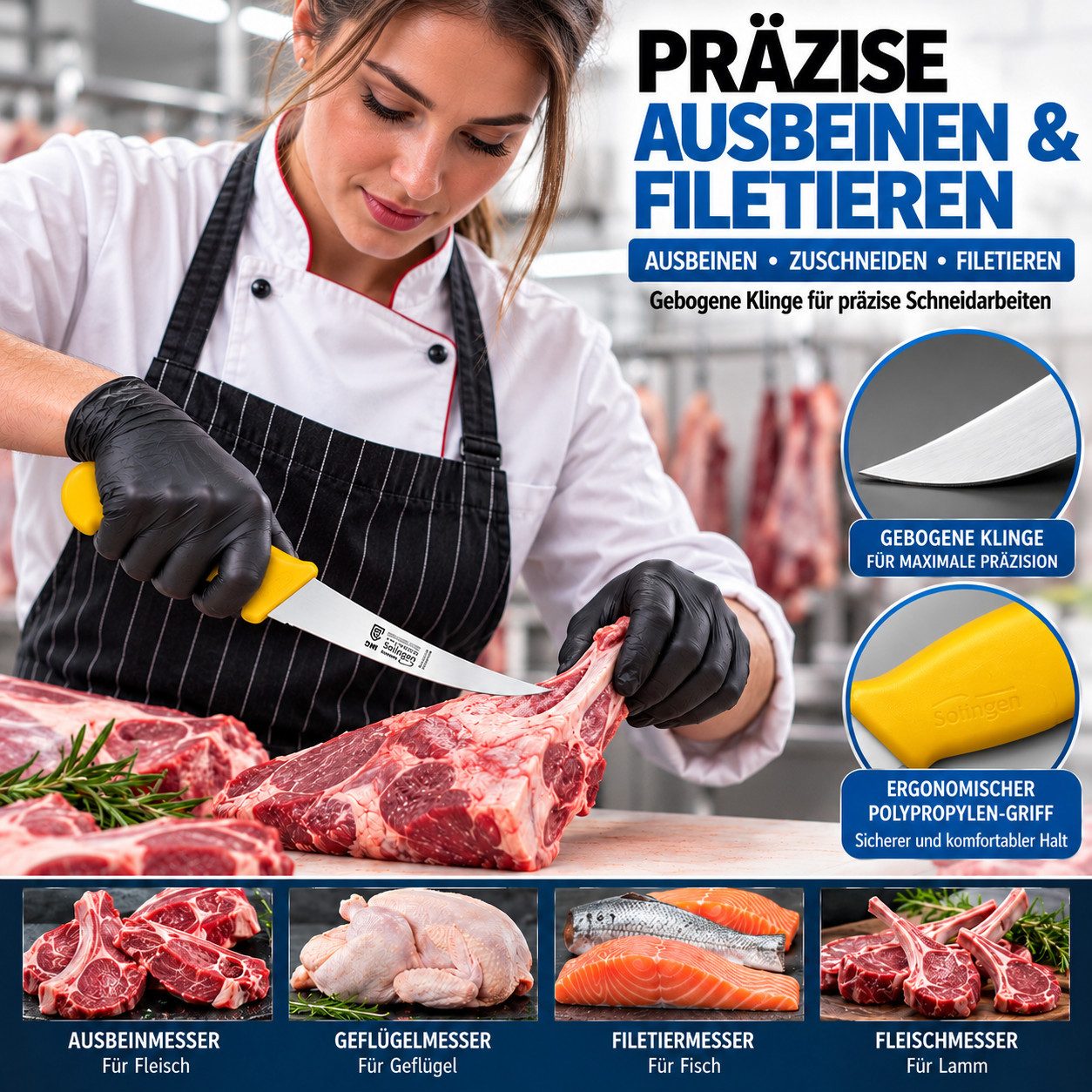 SMI Kochmesser 6-tlg Küchenmesser Set Solingen Metzgermesser Wetzstahl Ausbeinmesser – Bild 3 von 5