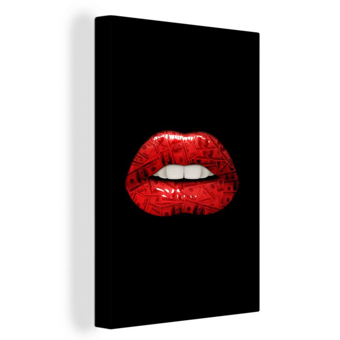 OneMillionCanvasses® Leinwandbild Lippen - Geld - Rot (1 St) Leinwand Bilder für Wohnzimmer Schlafzimmer