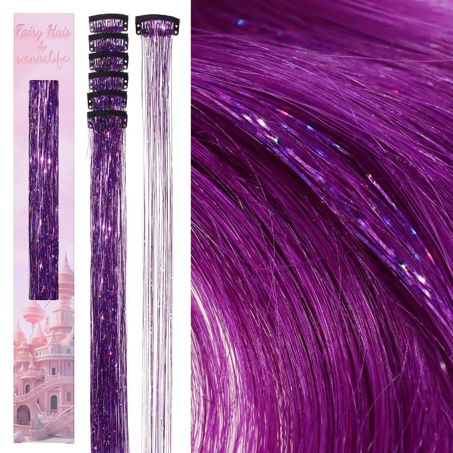 LuxusKollektion Kunsthaar-Extension Haar Lametta Clip In Glitzer Haarsträhnen 60cm - 6 Clips C-#Lila