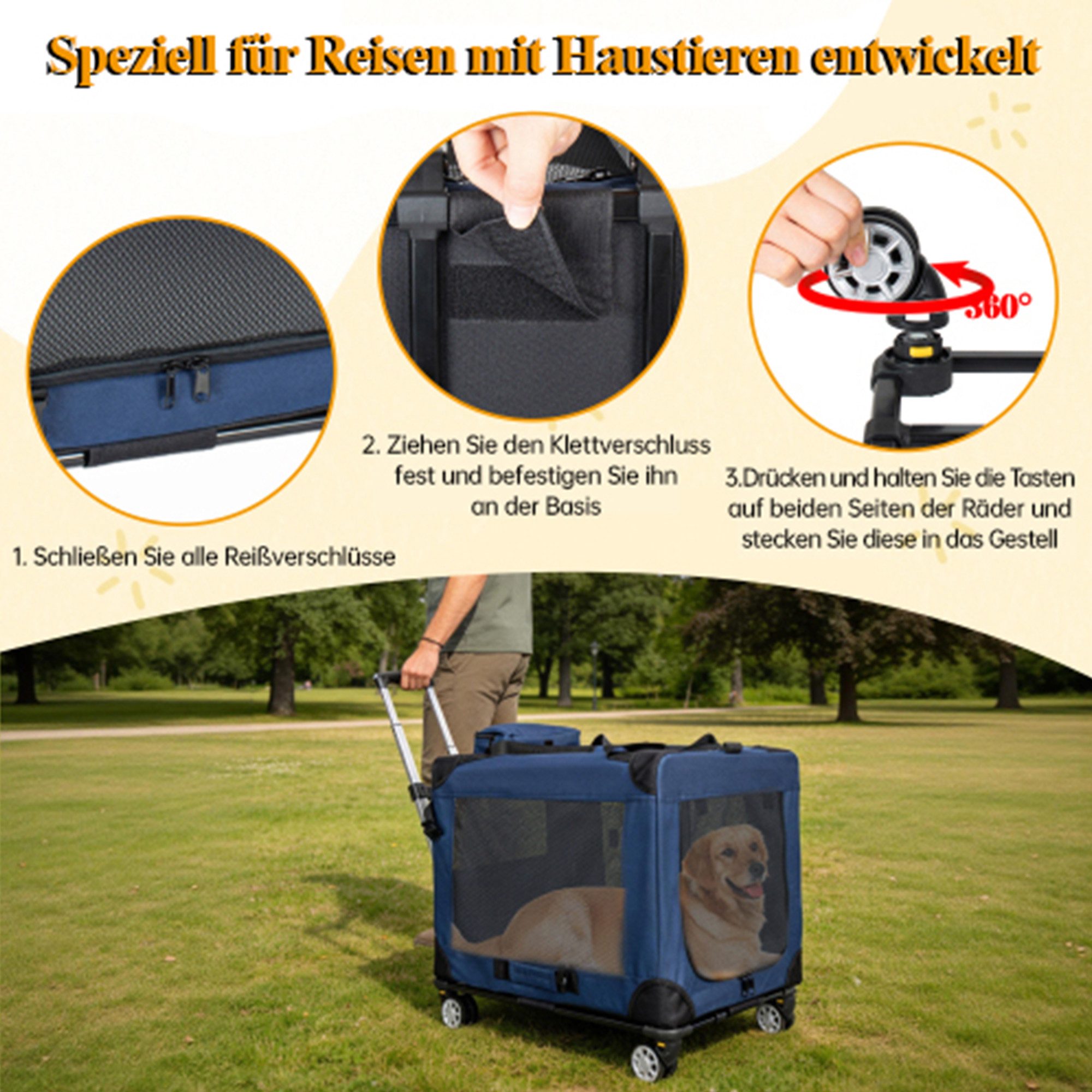 i@home Tiertransporttasche Hunde-Transportbox 2-in-1 faltbare 60cm bis 18 kg, rollbare Transporttasche mit Rädern tragbare Faltbox Netzfenstern