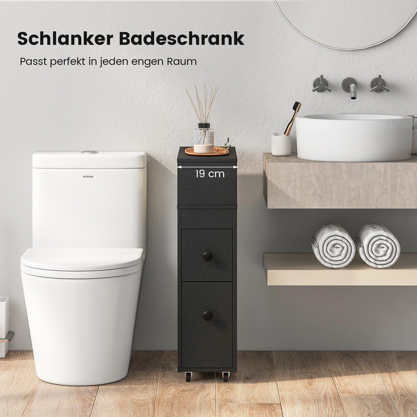 COSTWAY Badkommode, Nischenschrank, schmal, mit Rollen & Schubladen, weiß