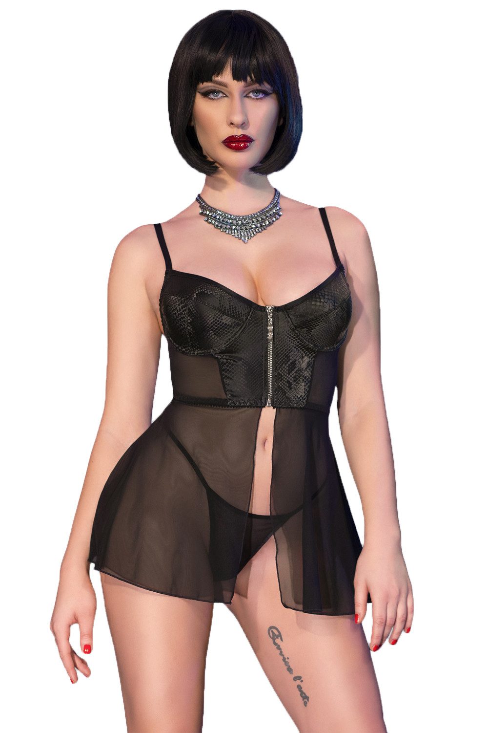 Set: Corsage Dessous Corsagen-Set mit Spitze uznd Schlangenprint in schwarz aus Min