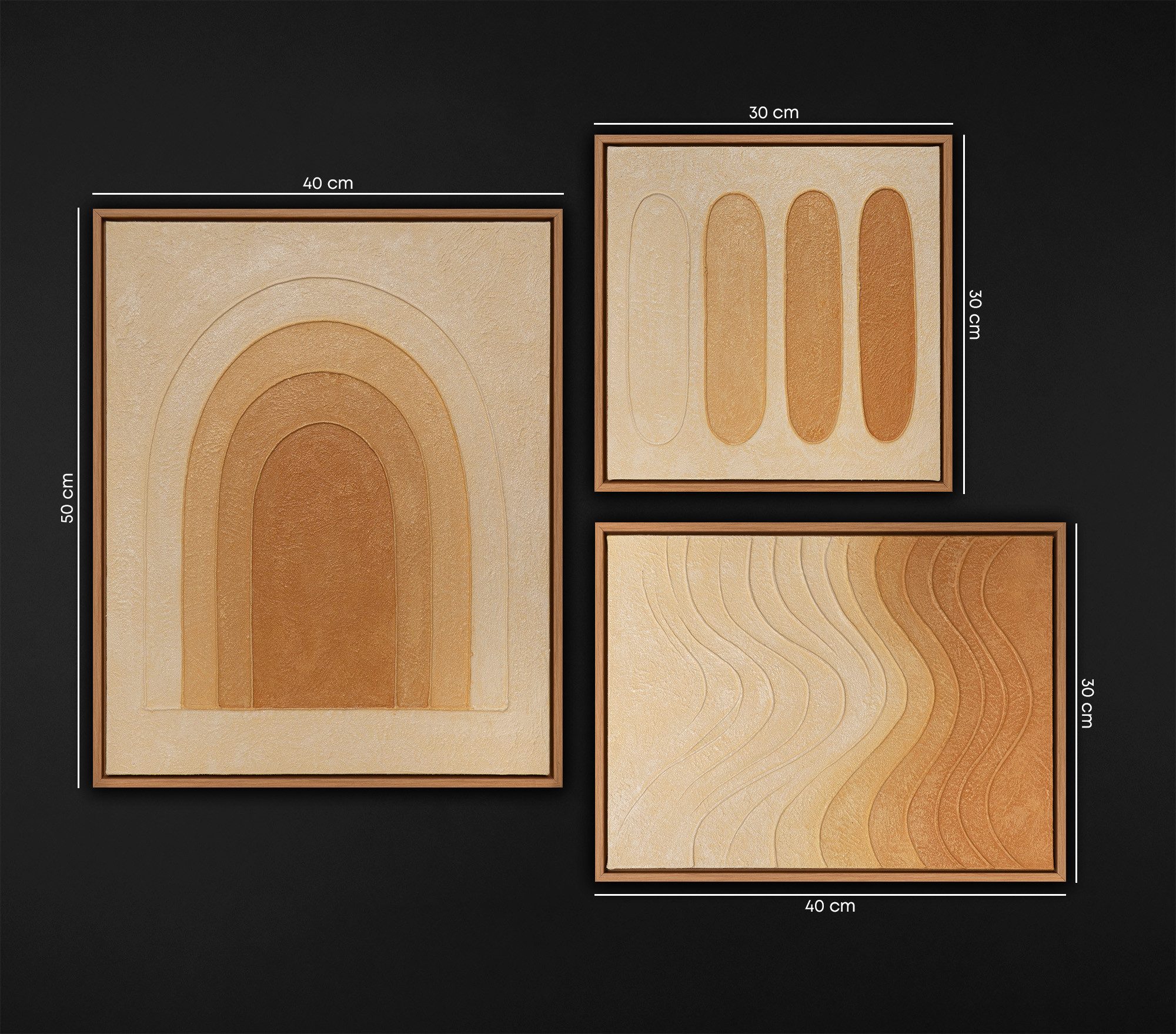 YS-Art Gemälde "Lied der Wüste", Geometrische Formen (Set, 3 St), Bilder Set mit Rahmen – Leinwandbilder Set Abstrakt handgemacht